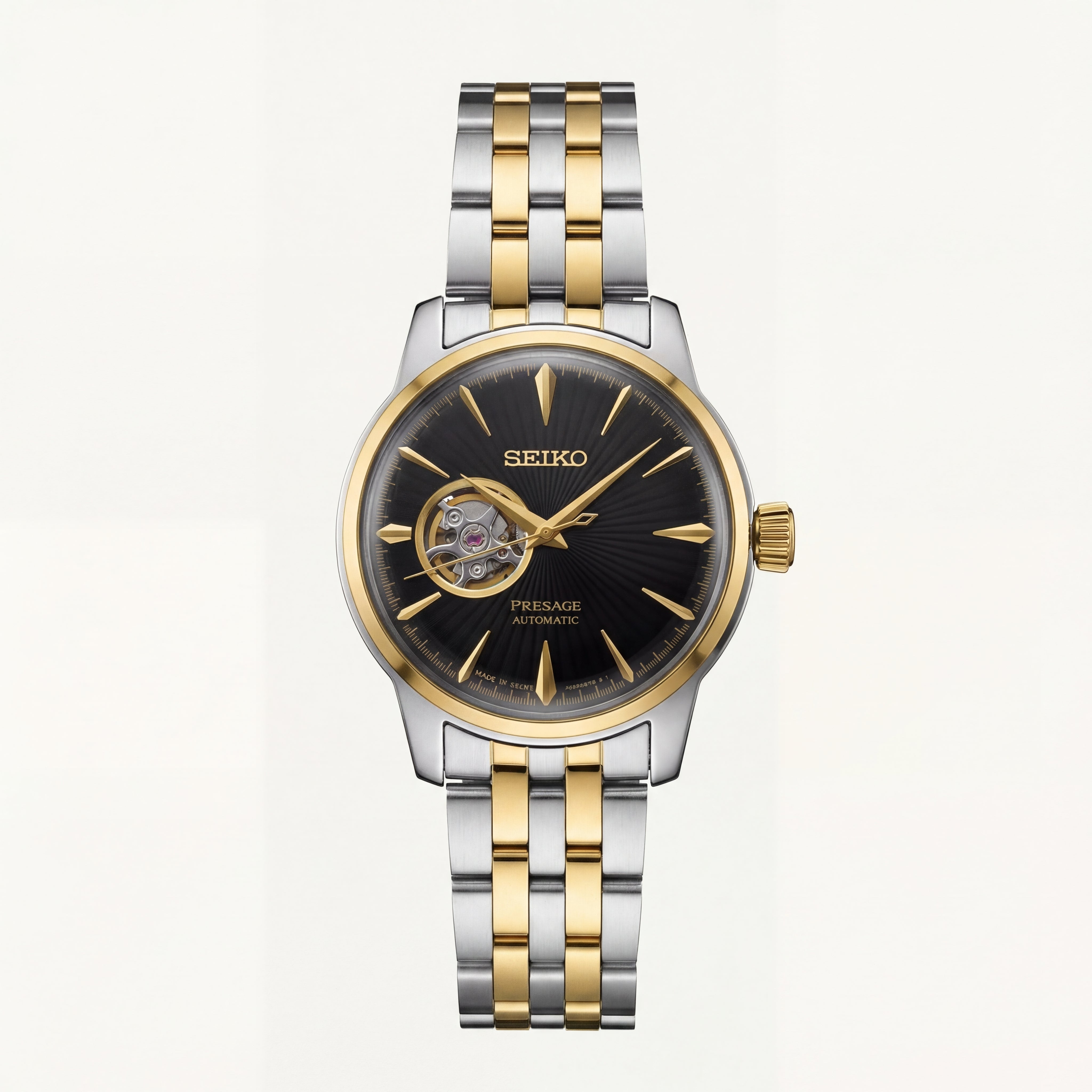 Two-Tone Gold & Silver Stainless Steel Case Black Sunburst Dial Open-Heart Automatic Luxury Bracelet Watch – Men