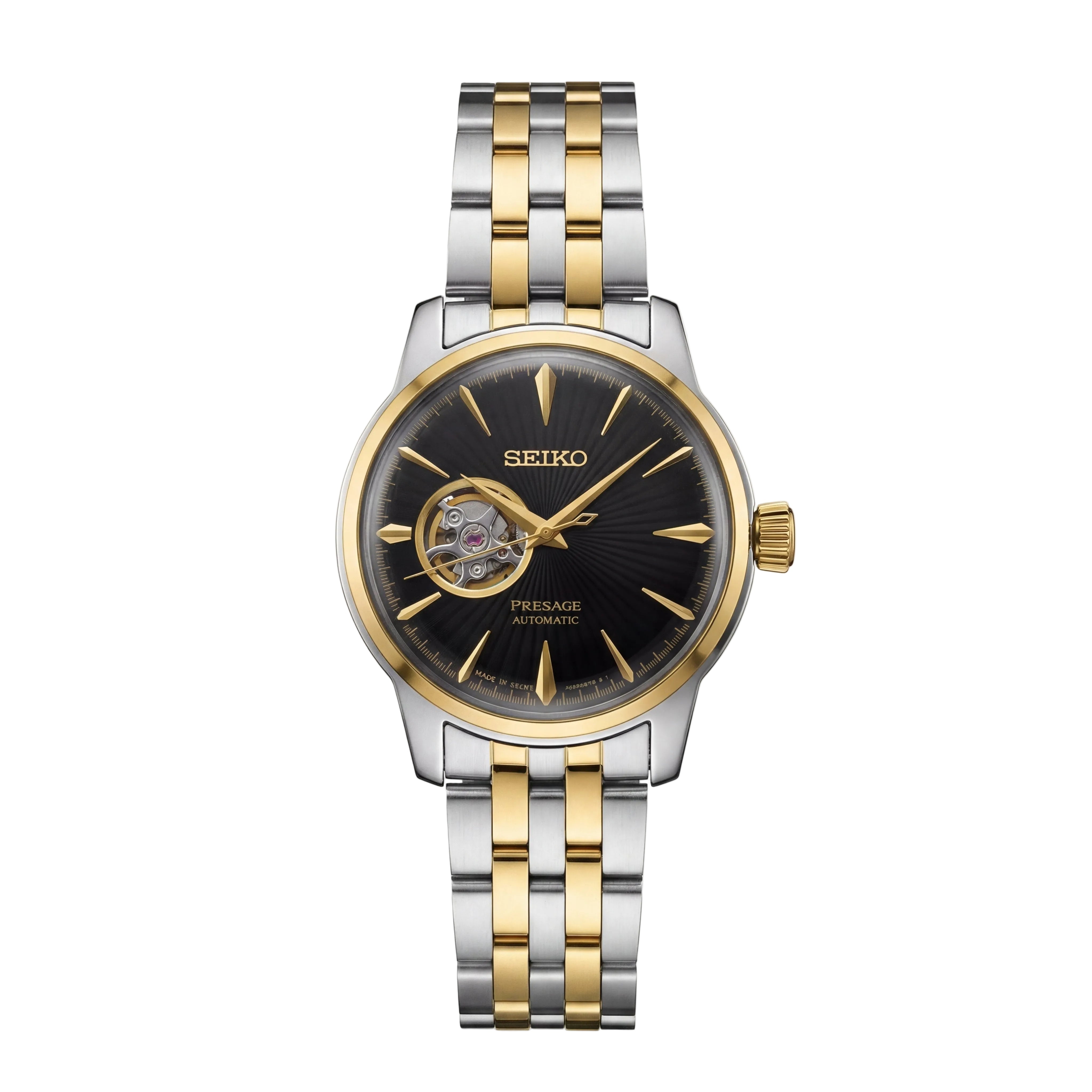 Two-Tone Gold & Silver Stainless Steel Case Black Sunburst Dial Open-Heart Automatic Luxury Bracelet Watch – Men