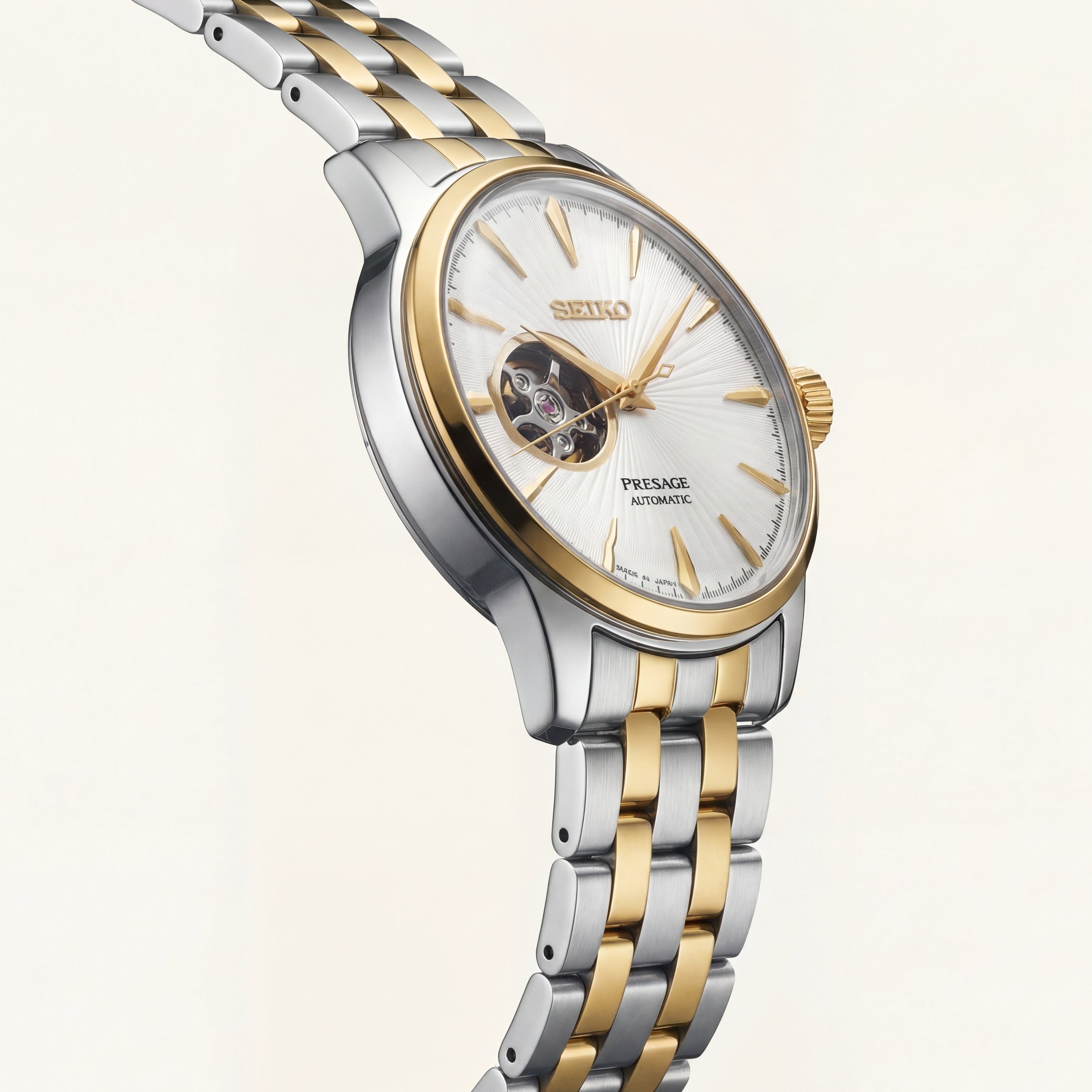 Two-Tone Gold & Silver Stainless Steel Case White Sunburst Dial Open-Heart Automatic Luxury Bracelet Watch – Men