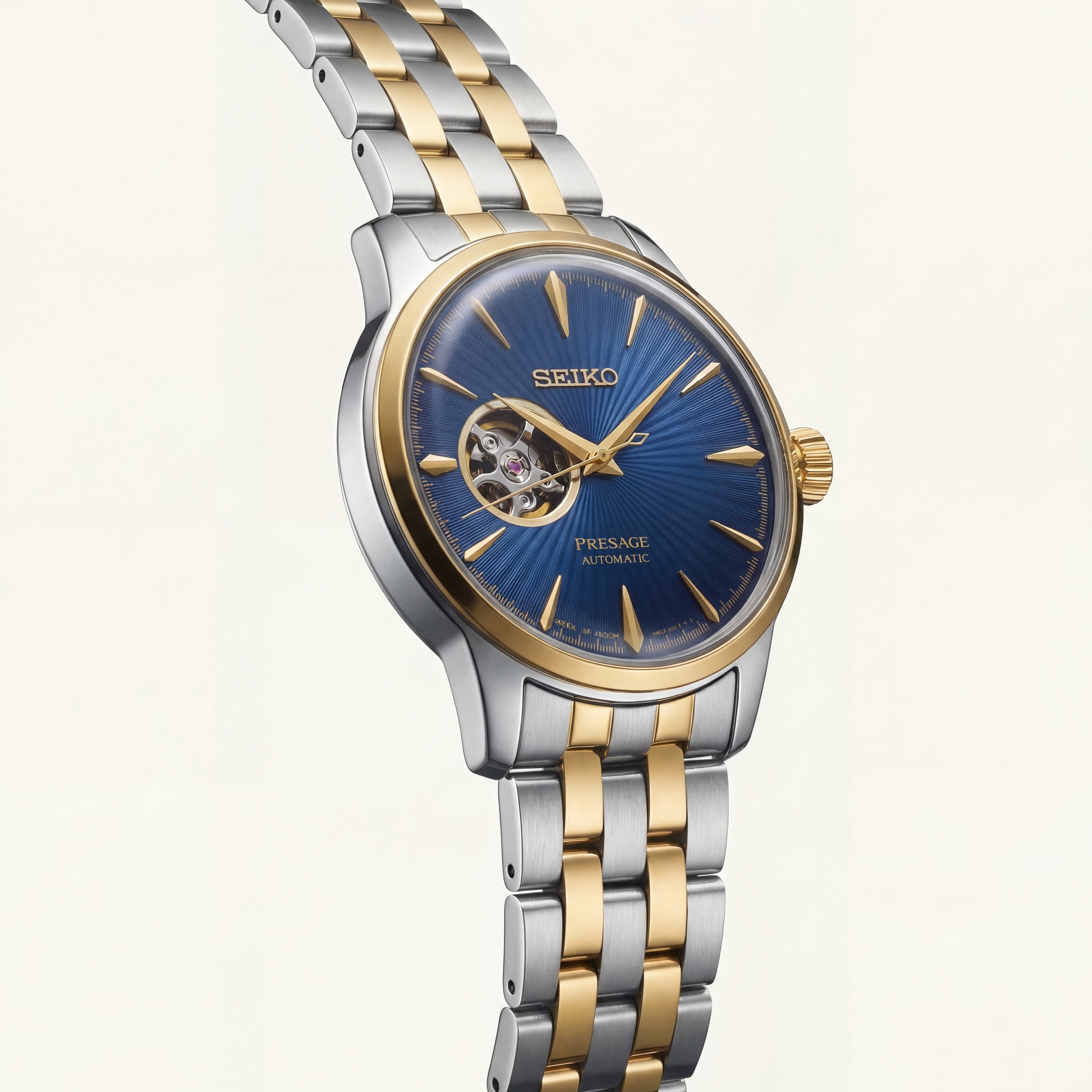 Two-Tone Gold & Silver Stainless Steel Case Blue Sunburst Dial Open-Heart Automatic Luxury Bracelet Watch – Men