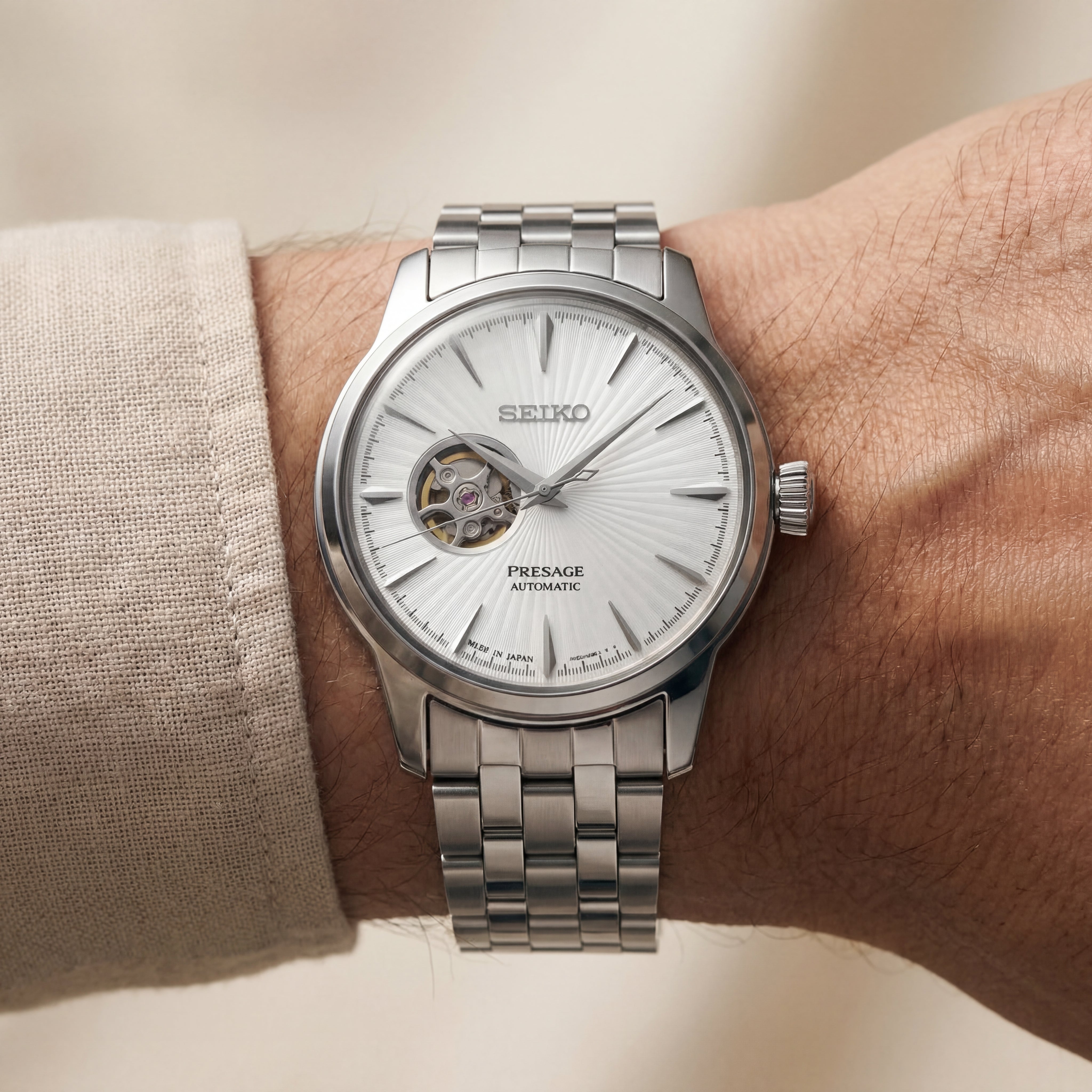 Silver Stainless Steel Case Silver Sunburst Dial Open-Heart Automatic Luxury Bracelet Watch – Men