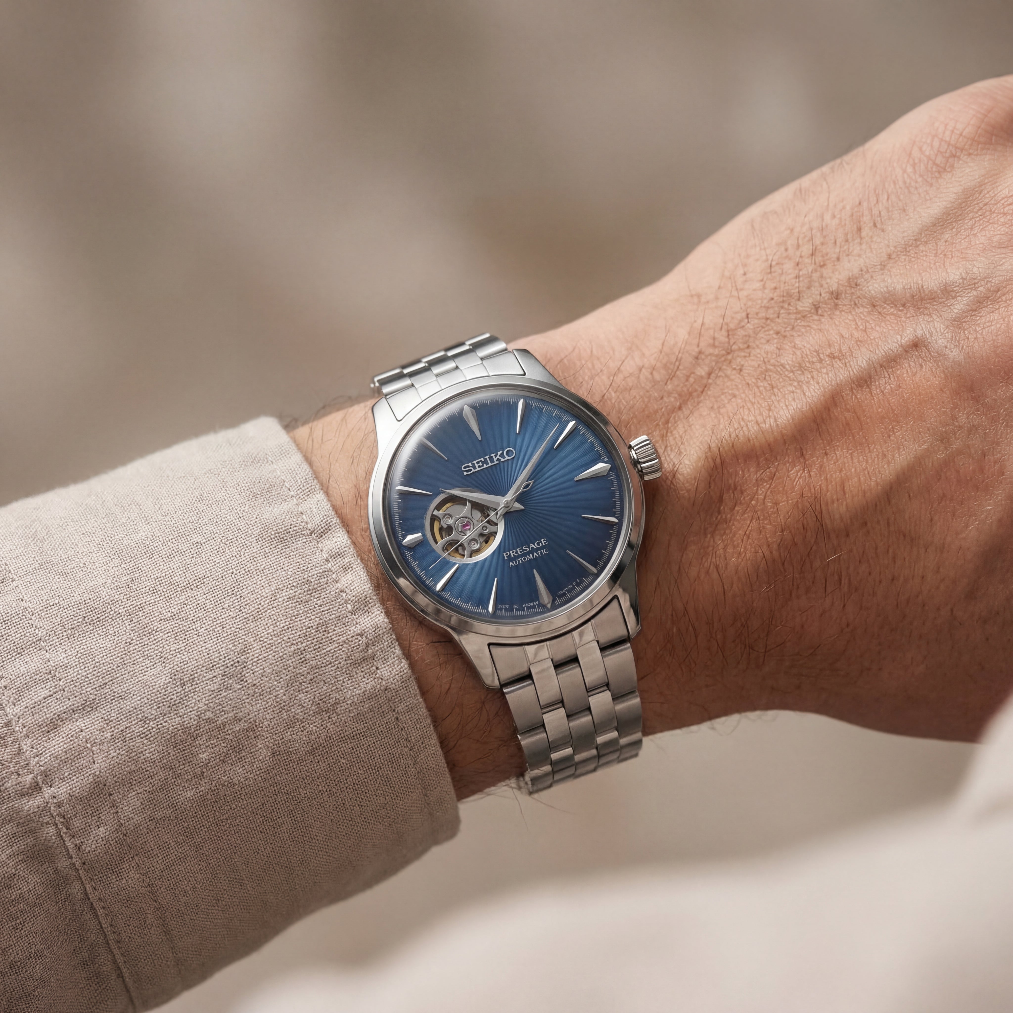 Silver Stainless Steel Case Blue Sunburst Dial Open-Heart Automatic Luxury Bracelet Watch – Men