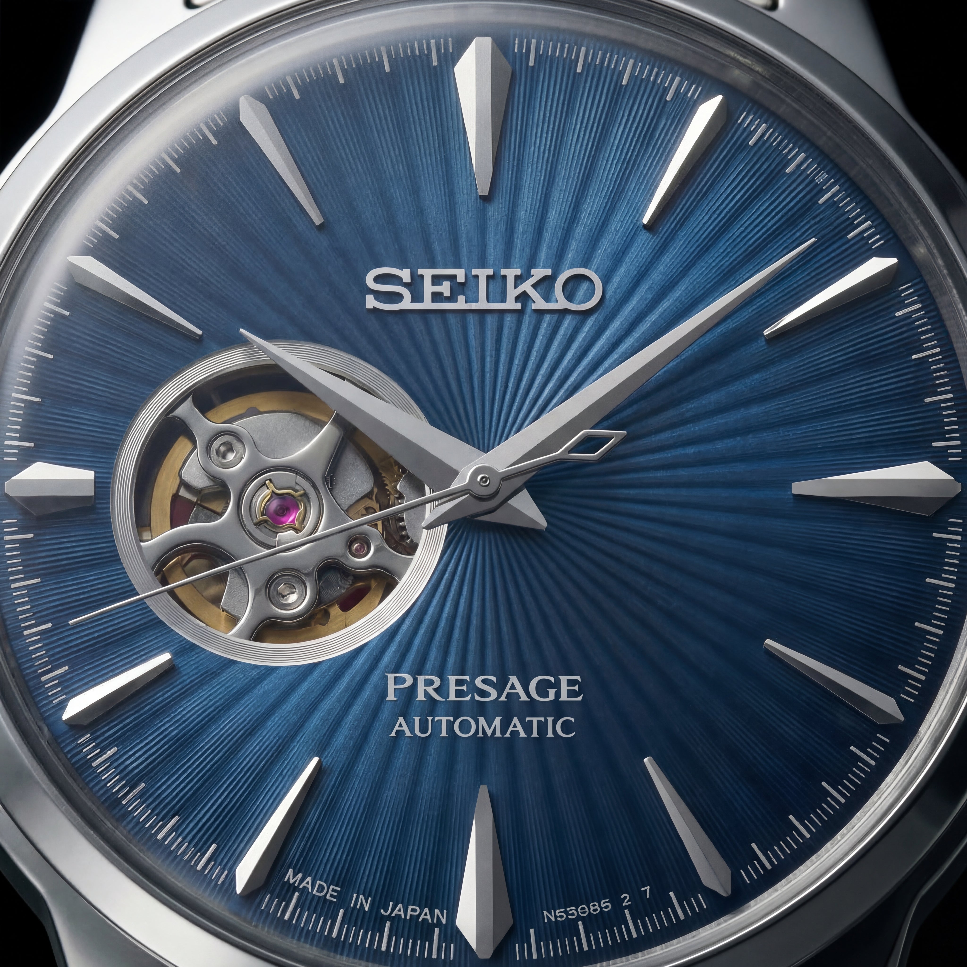 Silver Stainless Steel Case Blue Sunburst Dial Open-Heart Automatic Luxury Bracelet Watch – Men