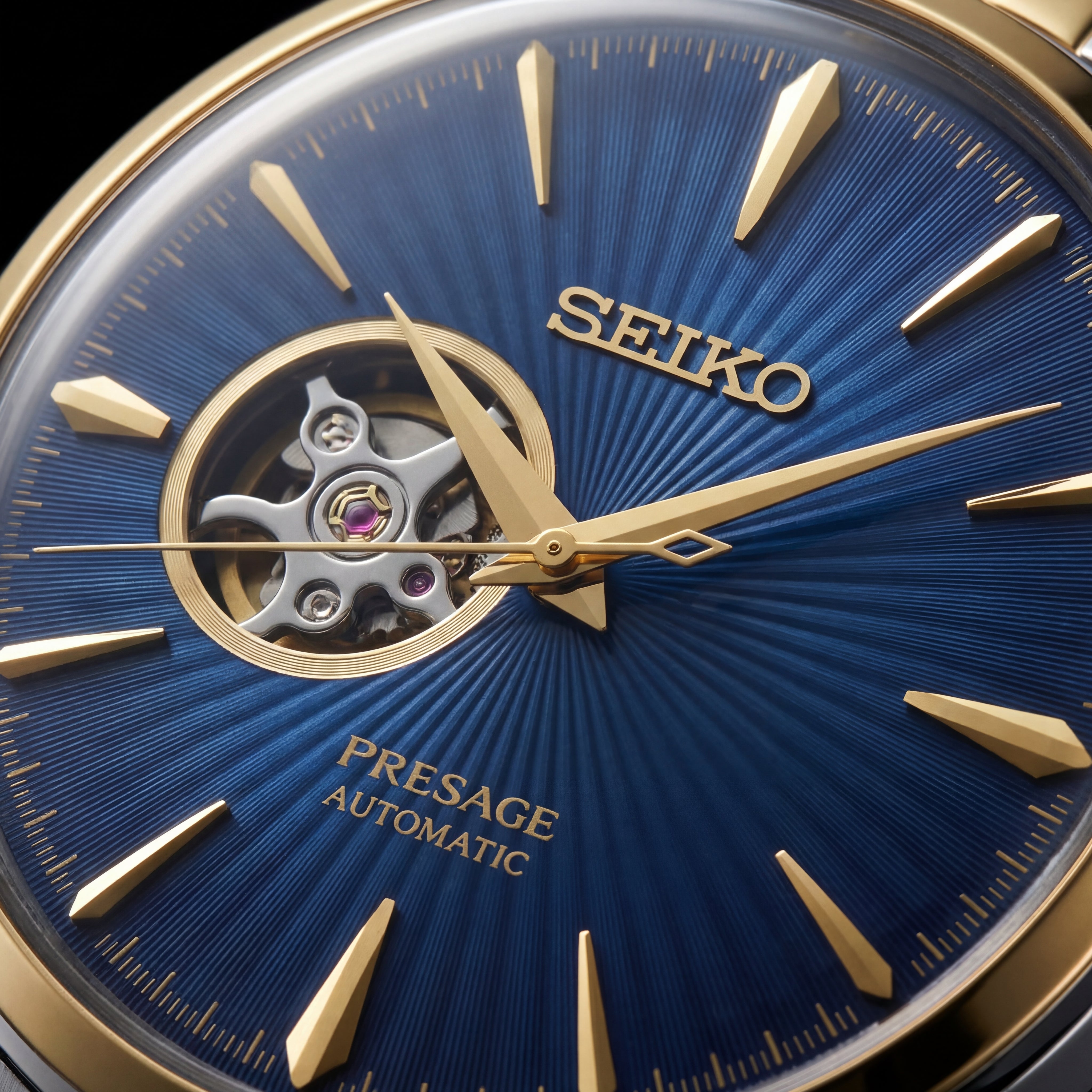 Two-Tone Gold & Silver Stainless Steel Case Blue Sunburst Dial Open-Heart Automatic Luxury Bracelet Watch – Men
