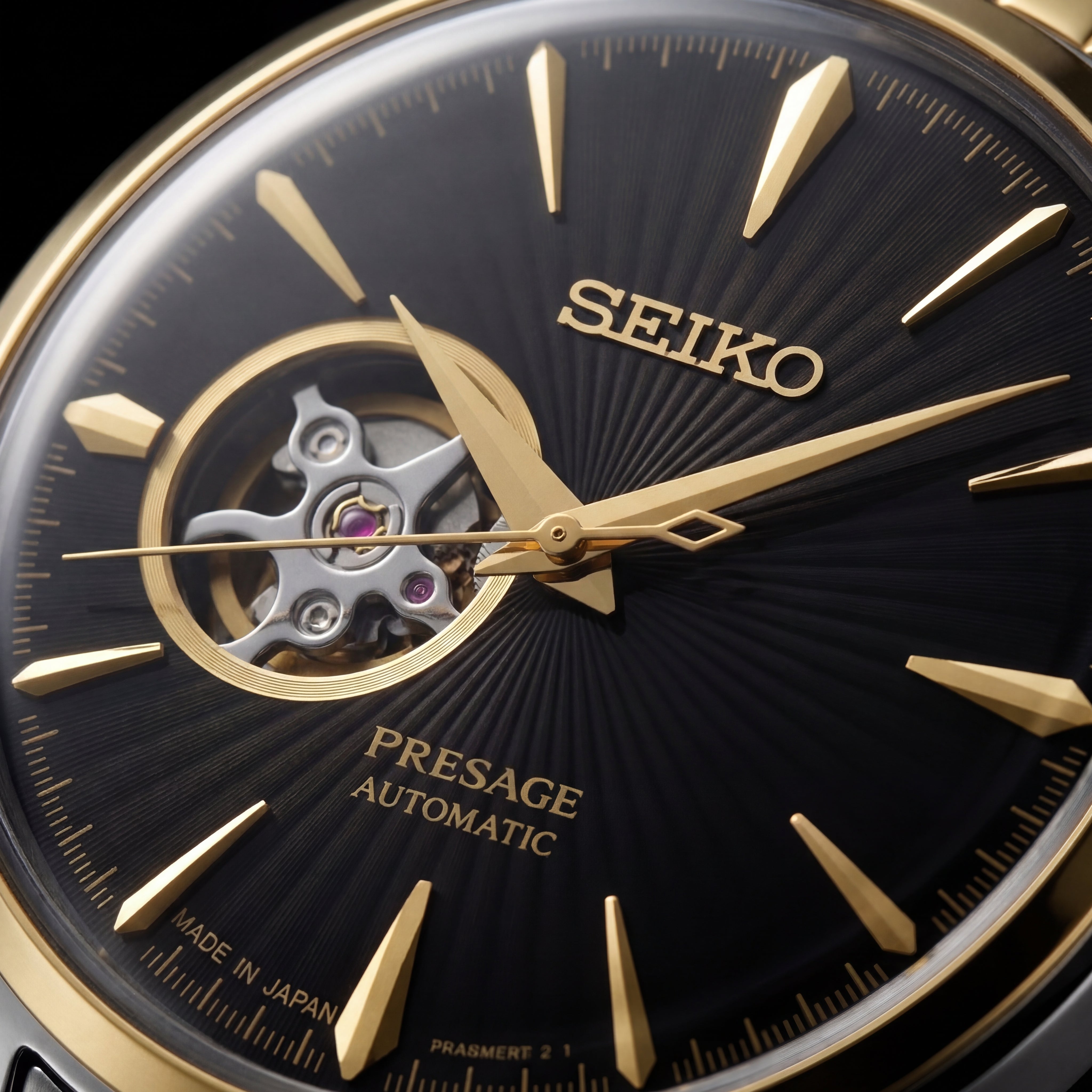 Two-Tone Gold & Silver Stainless Steel Case Black Sunburst Dial Open-Heart Automatic Luxury Bracelet Watch – Men