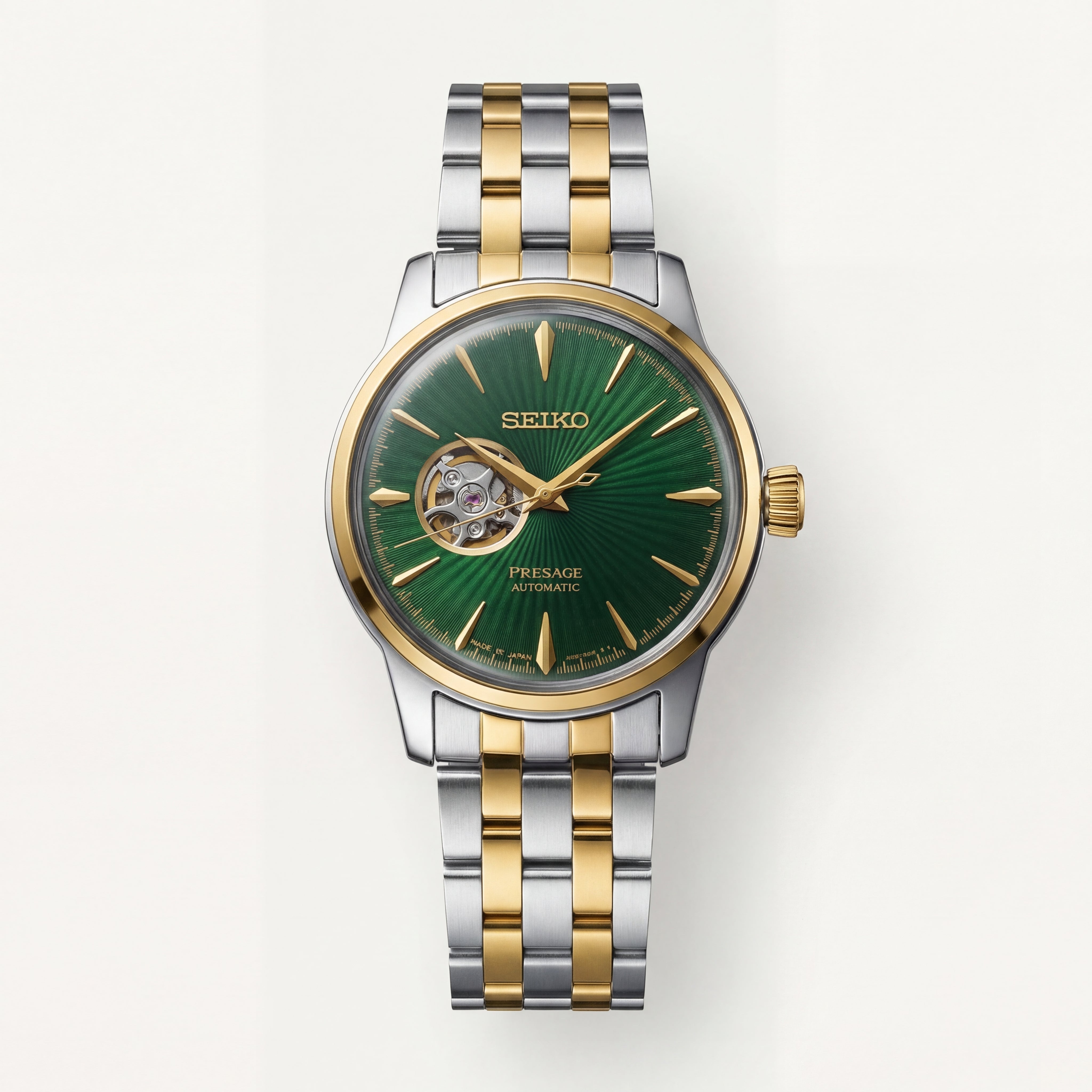 Two-Tone Gold & Silver Stainless Steel Case Emerald Green Sunburst Dial Open-Heart Automatic Luxury Bracelet Watch – Men