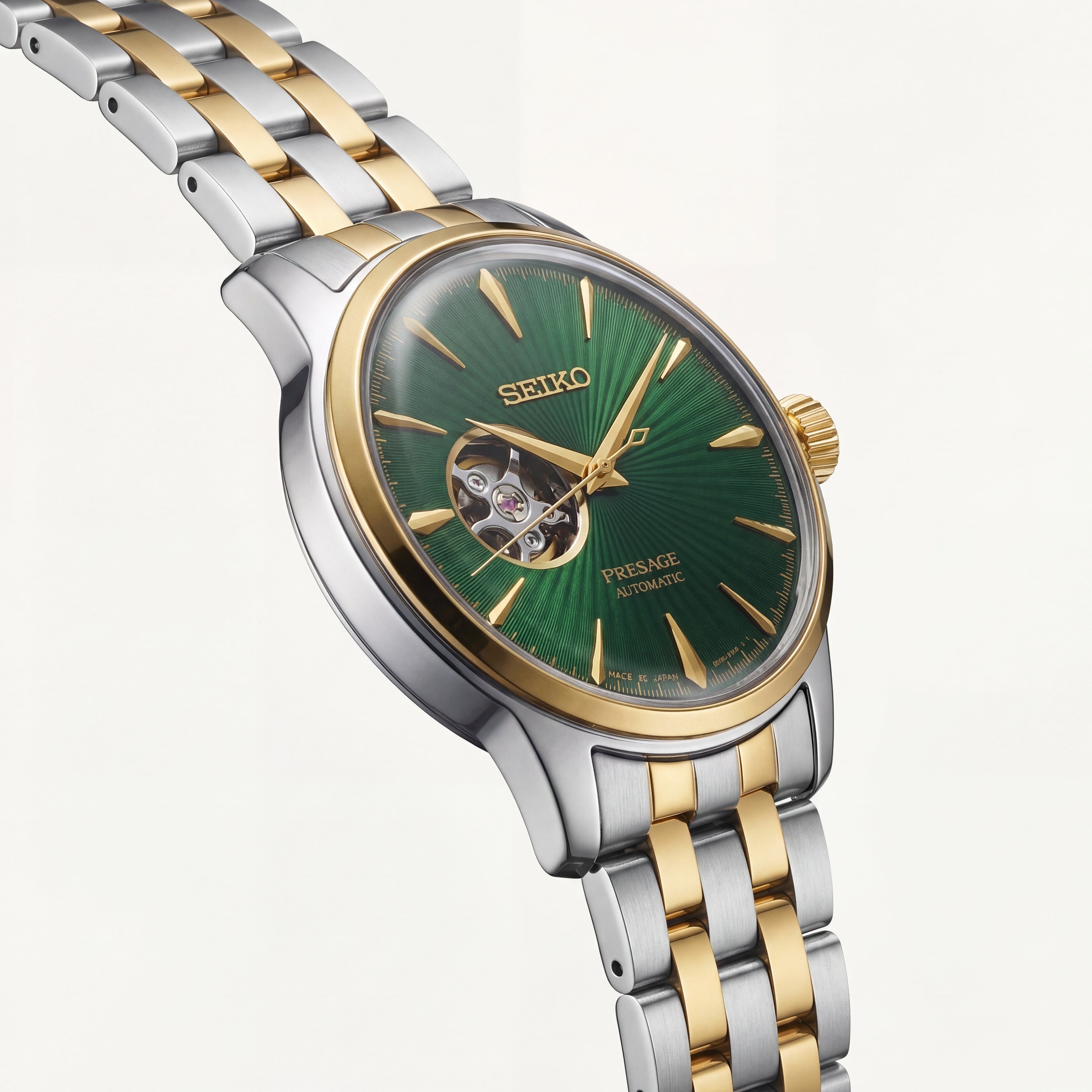 Two-Tone Gold & Silver Stainless Steel Case Emerald Green Sunburst Dial Open-Heart Automatic Luxury Bracelet Watch – Men