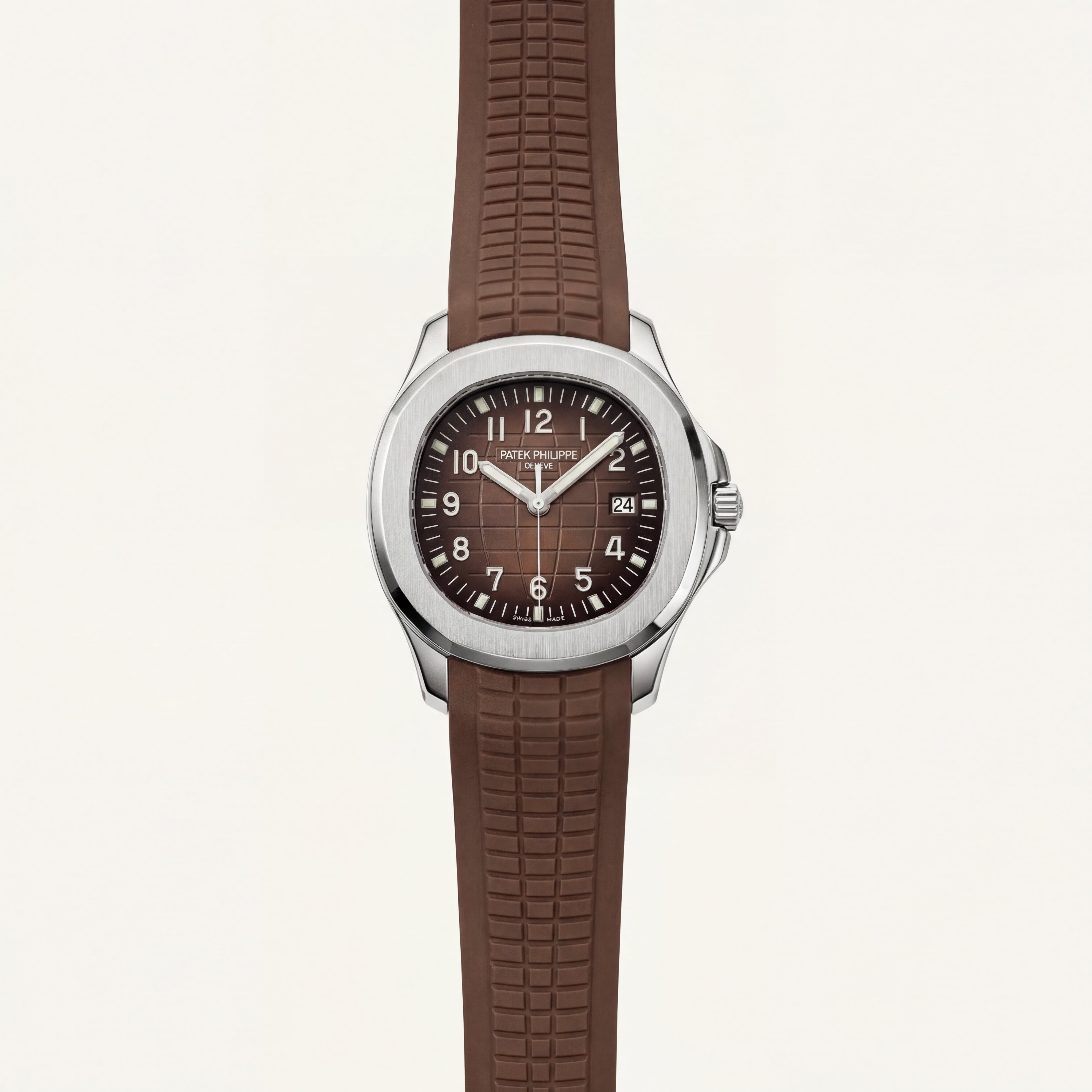 Luxury Stainless Steel Sport Watch Chocolate Brown Embossed Dial Brown Rubber Strap Premium Automatic Watch – Men