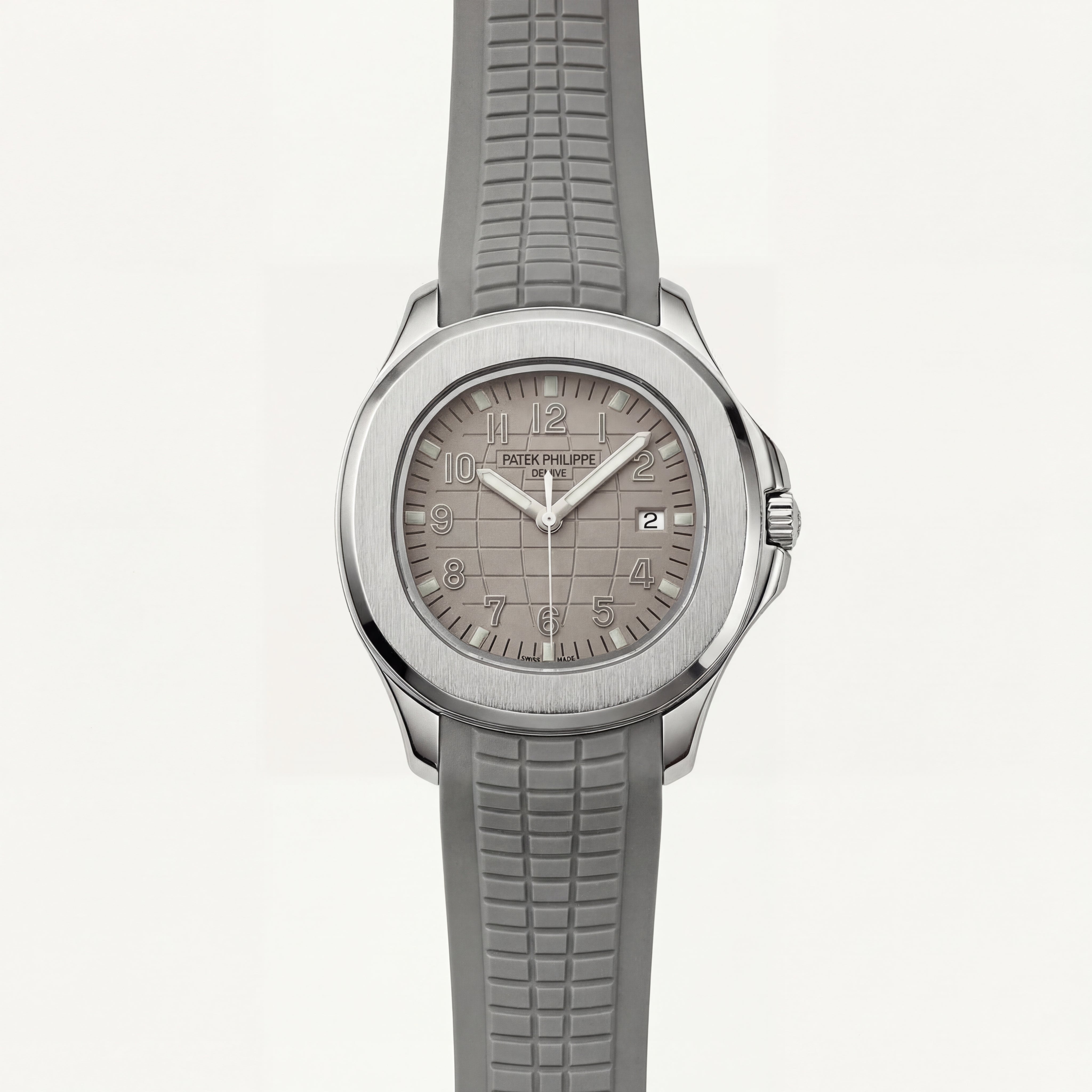 Luxury Silver Sport Watch Stainless Steel Case Sand Beige Textured Dial Grey Rubber Strap Premium Automatic Watch – Men