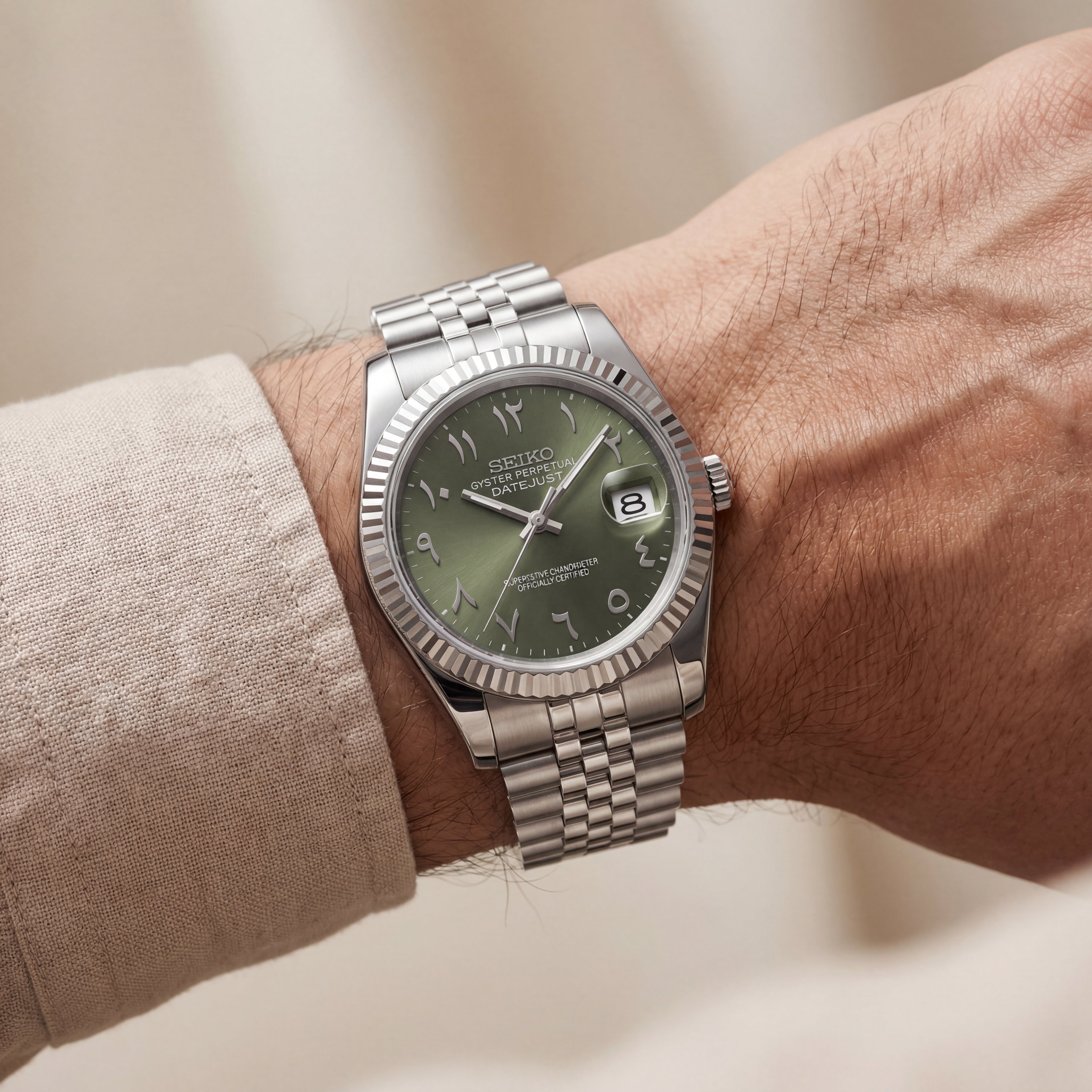 Luxury Silver Stainless Steel Watch Fluted Bezel Olive Green Sunburst Dial Arabic Numerals Jubilee Bracelet Premium Automatic Watch – Men