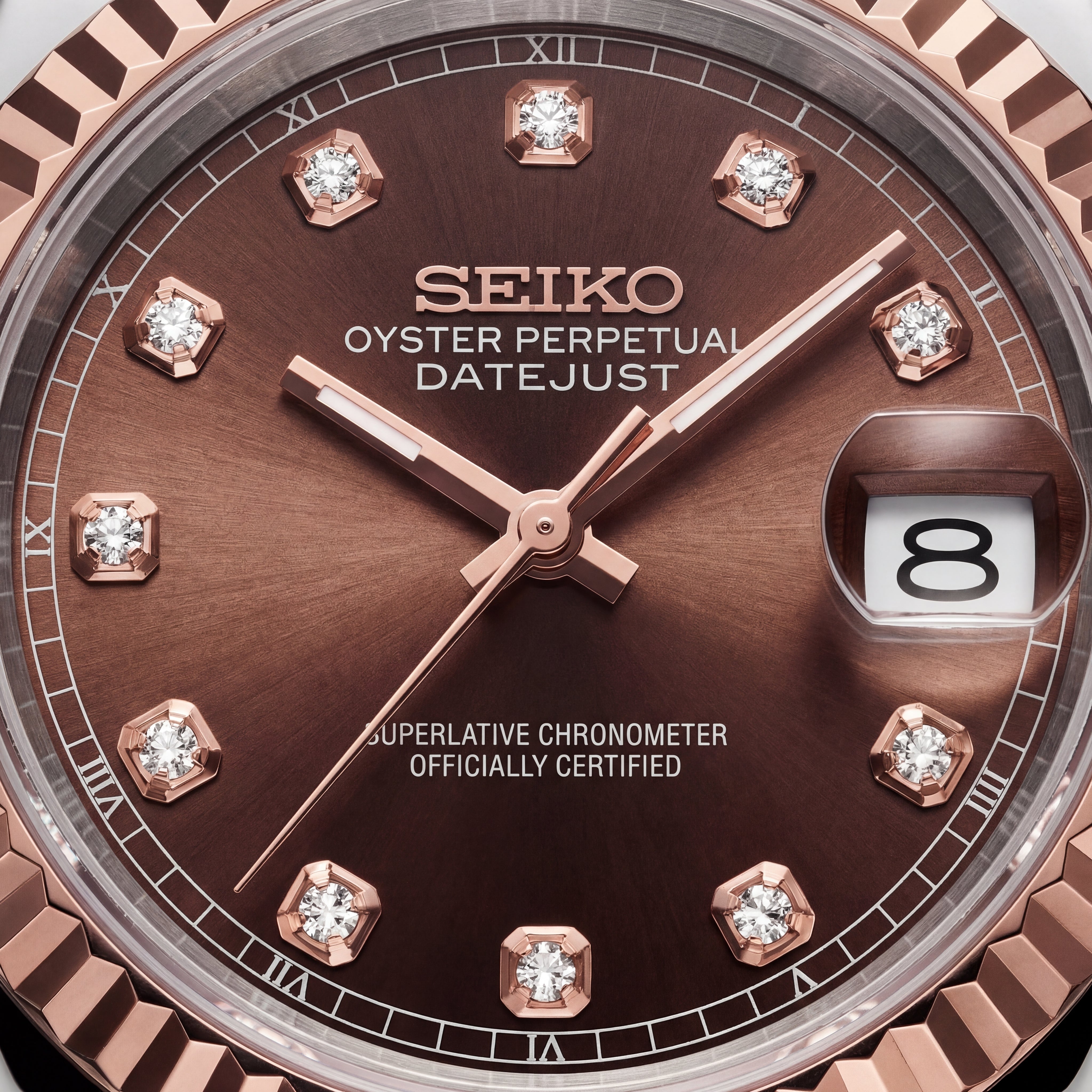 Luxury Two-Tone Rose Gold Watch Fluted Bezel Brown Sunburst Dial Diamond Hour Markers Stainless Steel Jubilee Bracelet – Men