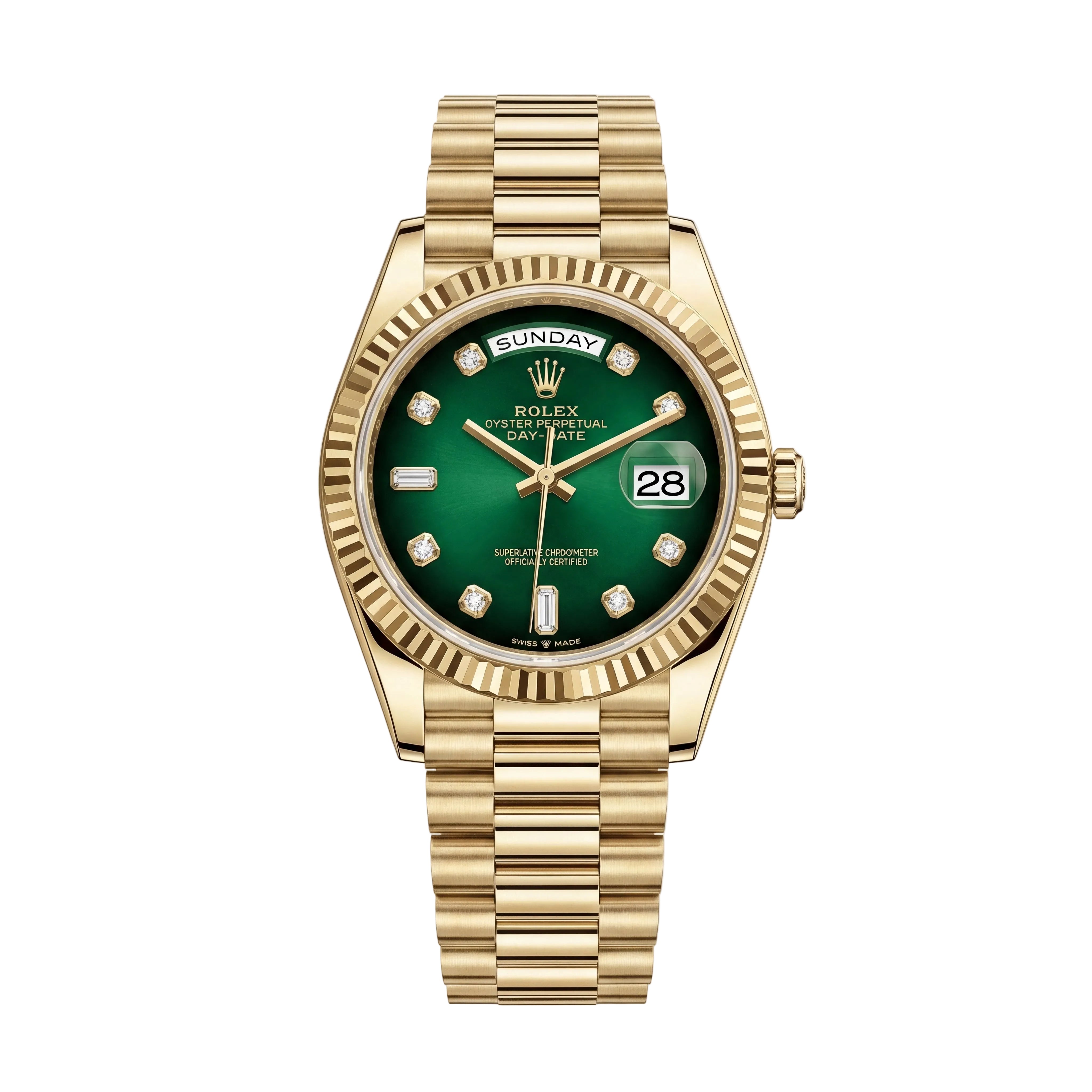Luxury Gold Stainless Steel Watch Fluted Bezel Emerald Green Sunburst Dial Diamond Markers Day-Date Watch – Men