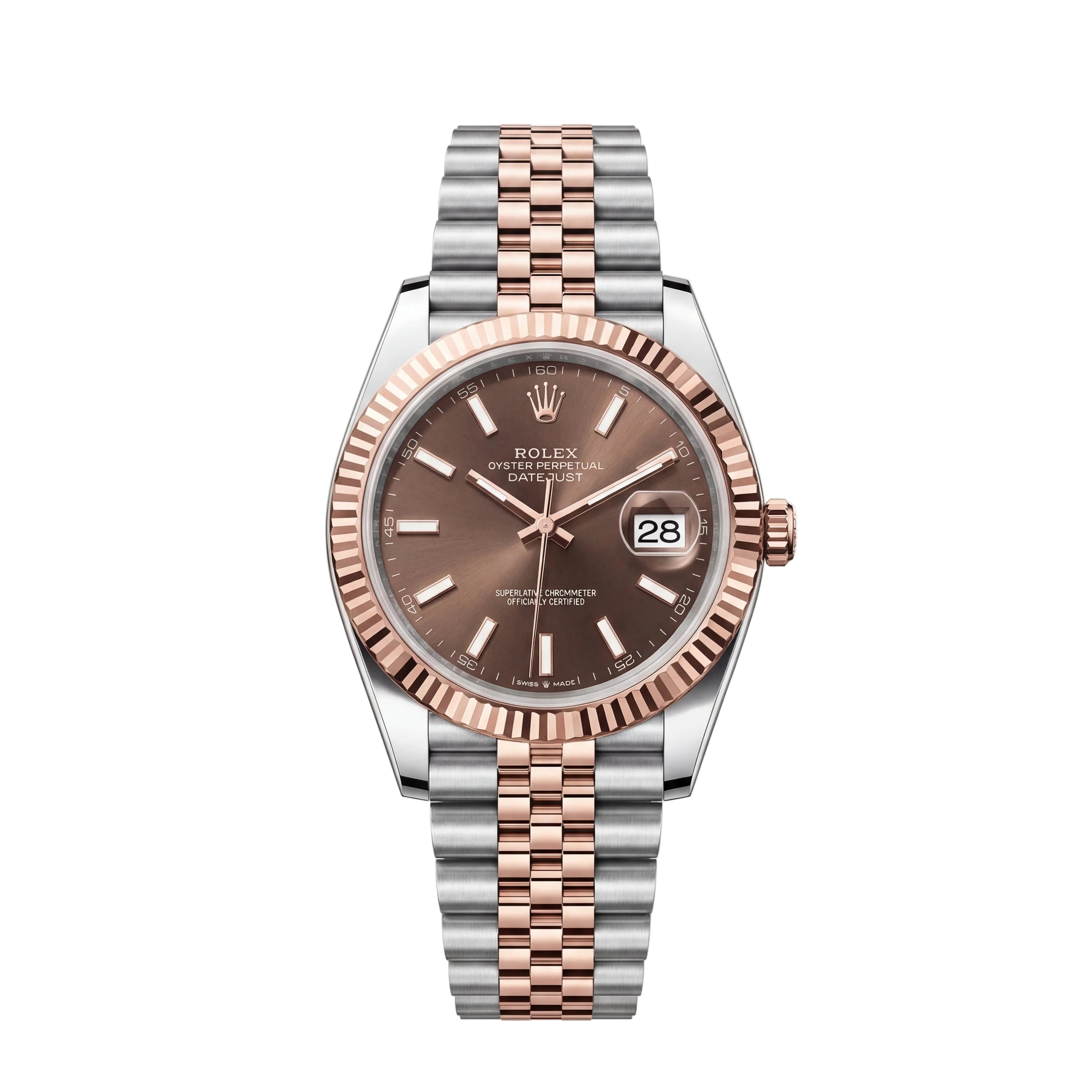 Luxury Two-Tone Stainless Steel Watch Fluted Bezel Chocolate Sunburst Dial Date Display Watch – Men