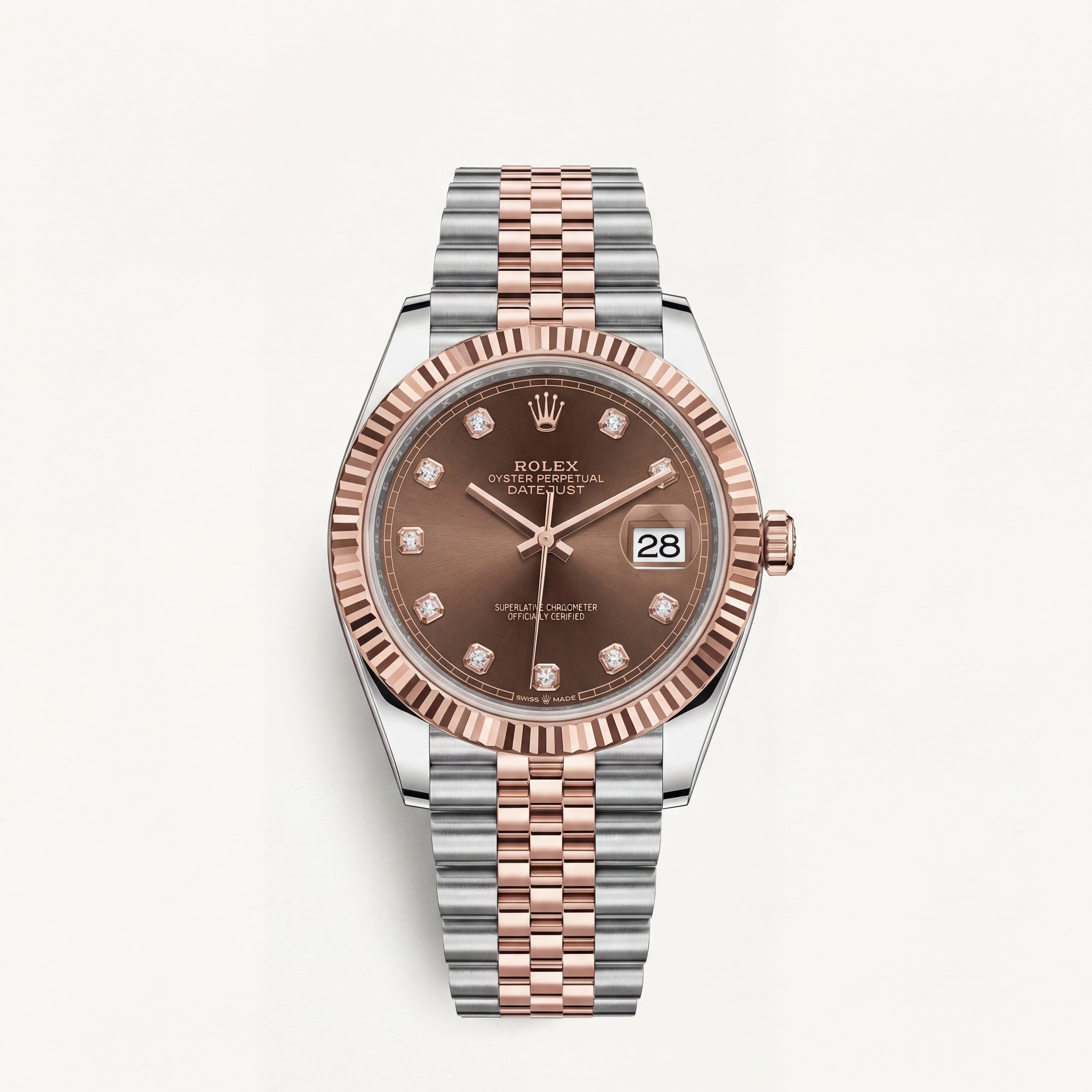 Luxury Two-Tone Stainless Steel Watch Rose Gold Fluted Bezel Chocolate Sunburst Dial Diamond Markers Date Automatic Watch – Men