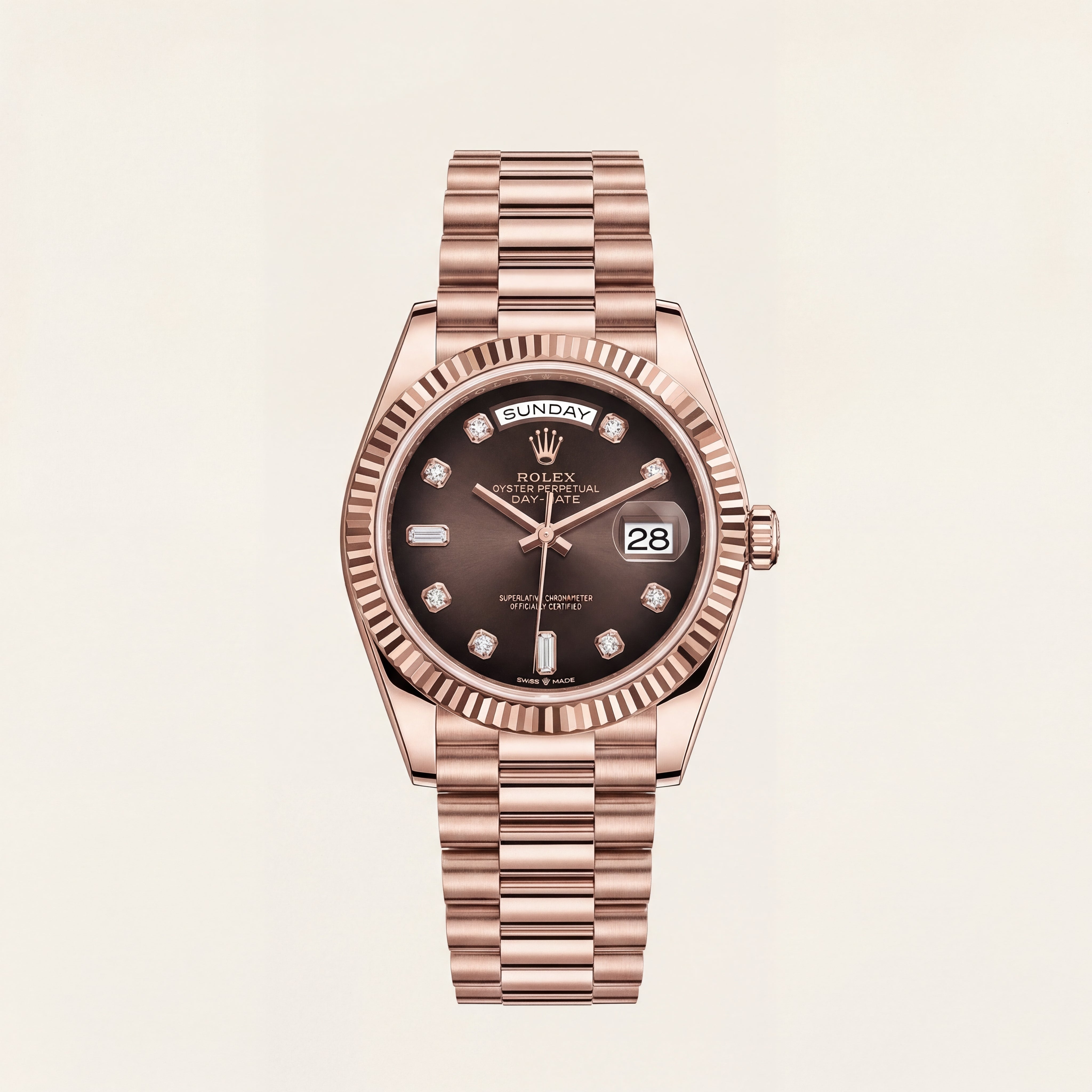 Luxury Rose Gold Stainless Steel Watch Fluted Bezel Chocolate Brown Dial Diamond Markers Day-Date Automatic Watch – Men