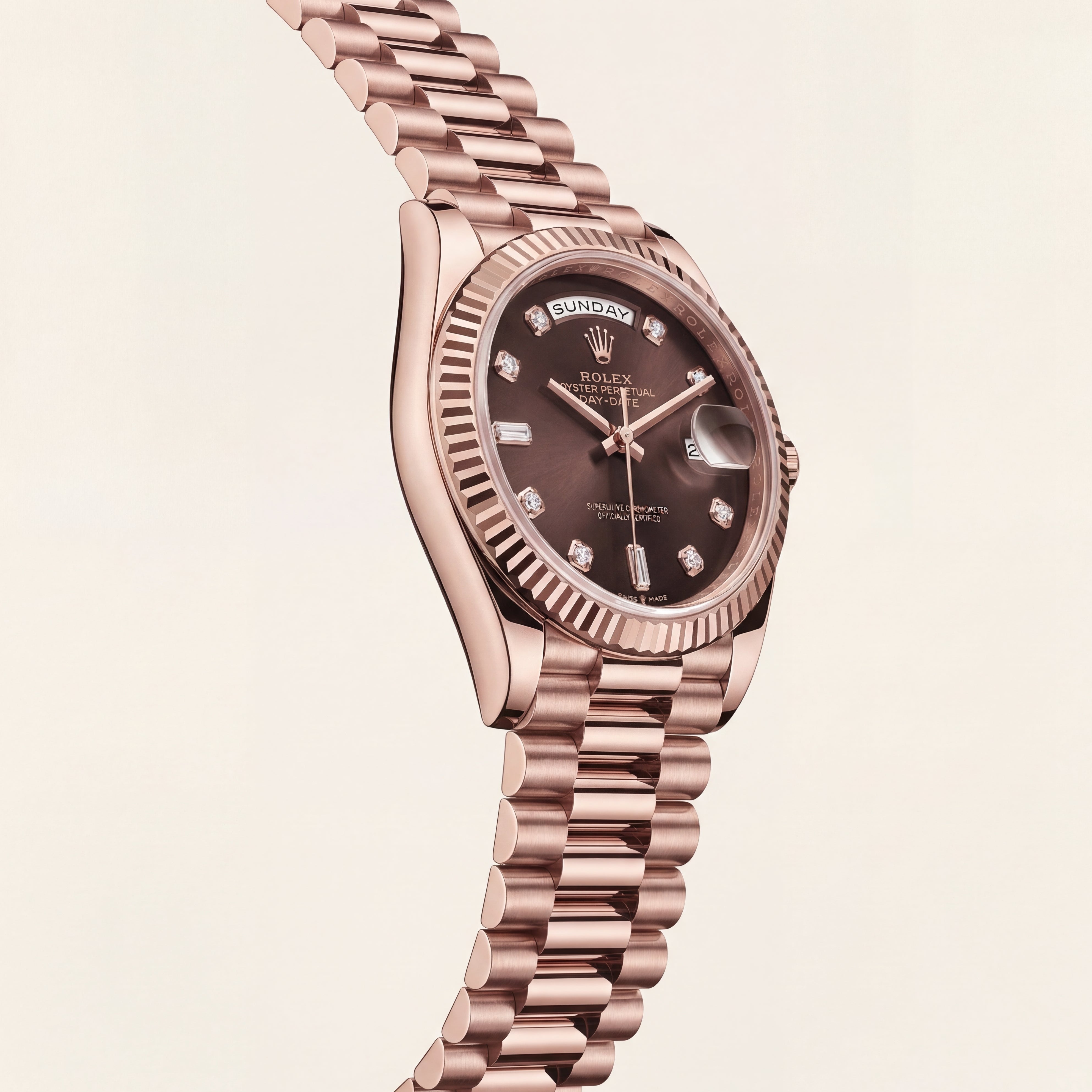 Luxury Rose Gold Stainless Steel Watch Fluted Bezel Chocolate Brown Dial Diamond Markers Day-Date Automatic Watch – Men