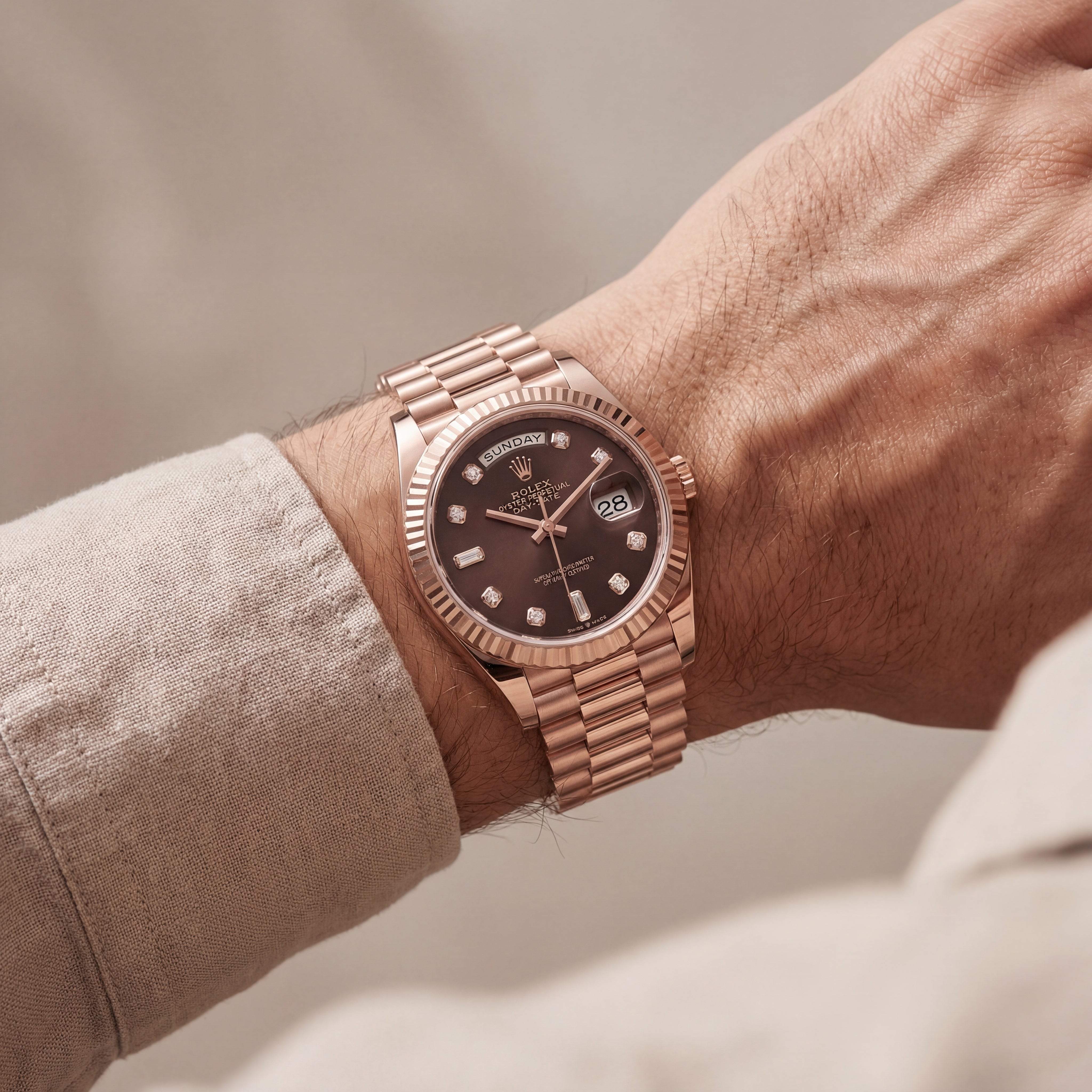 Luxury Rose Gold Stainless Steel Watch Fluted Bezel Chocolate Brown Dial Diamond Markers Day-Date Watch – Men