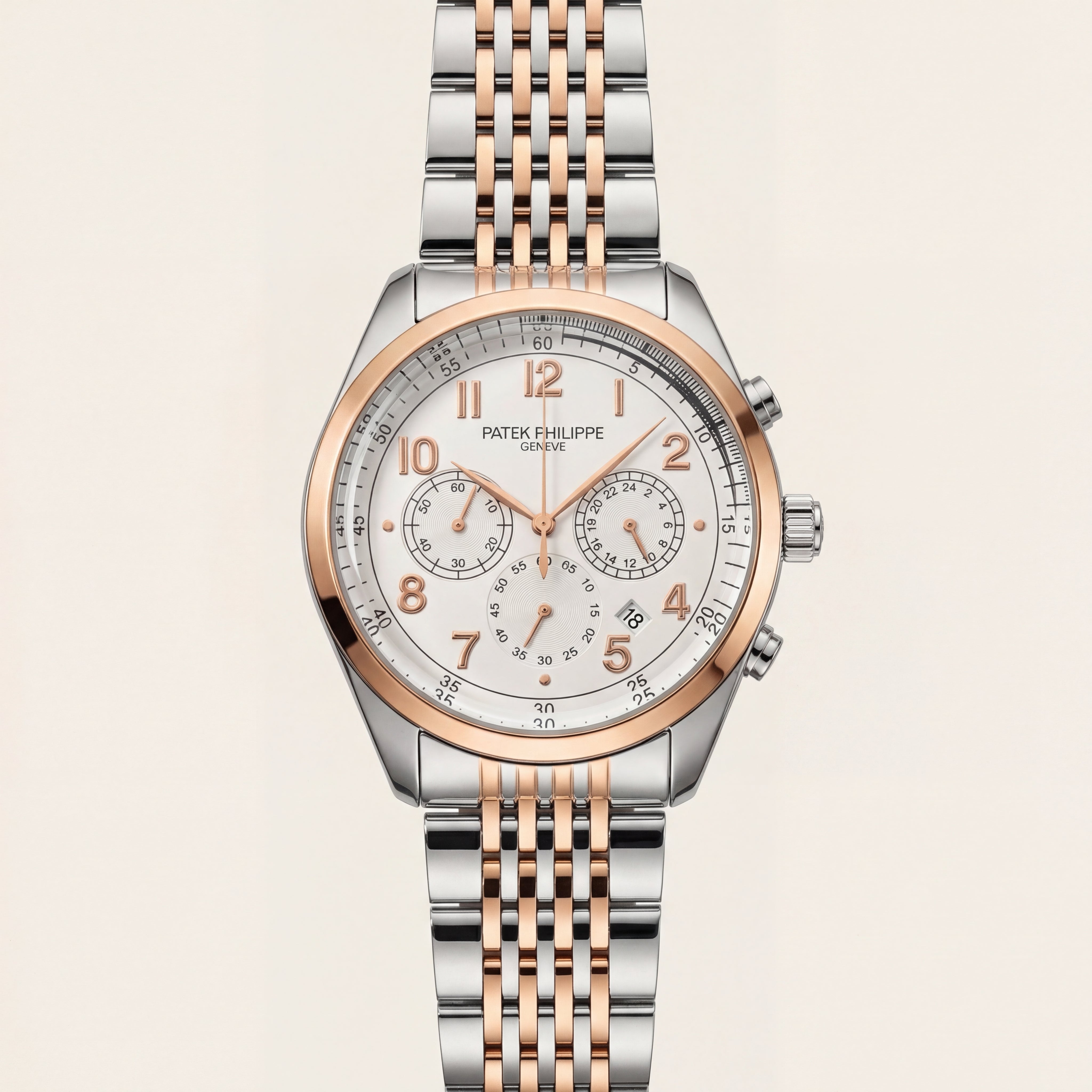 Luxury Two-Tone Stainless Steel Chronograph Watch Rose Gold Bezel Silver Dial Arabic Numerals Multi-Subdial Date Display – Men