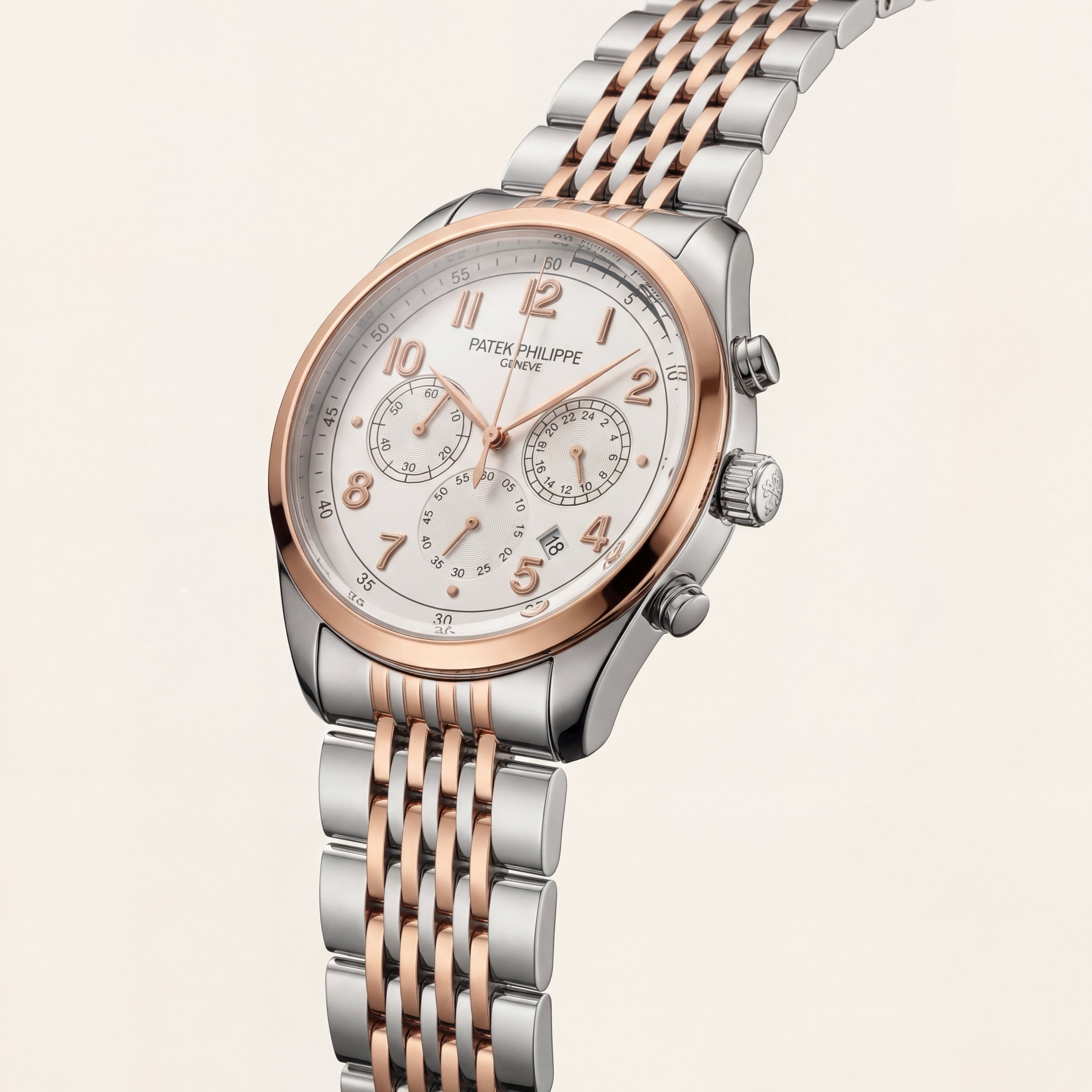 Luxury Two-Tone Stainless Steel Chronograph Watch Rose Gold Bezel Silver Dial Arabic Numerals Multi-Subdial Date Display – Men