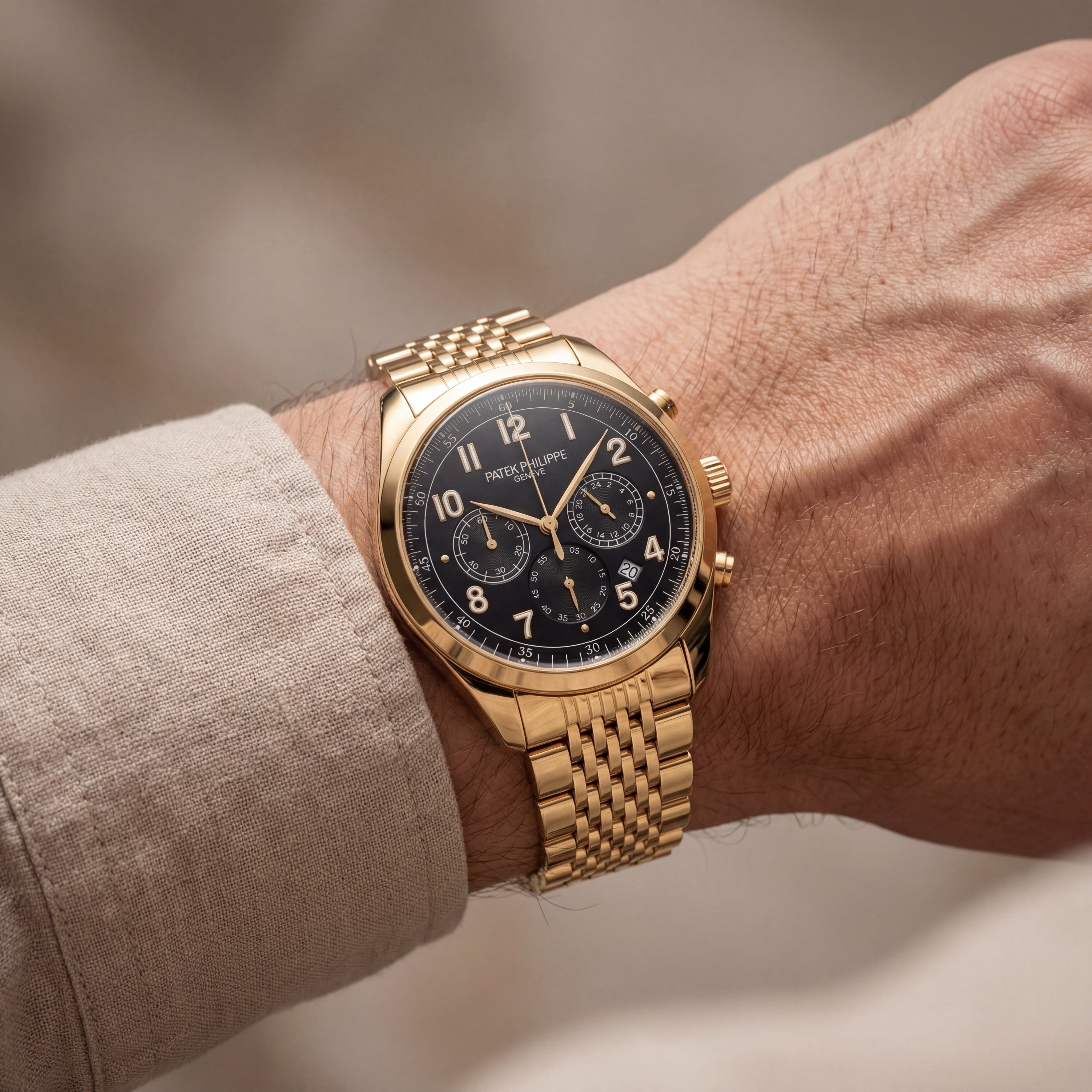 Luxury Gold Stainless Steel Chronograph Watch Black Dial Arabic Numerals Multi-Subdial Date Display – Men