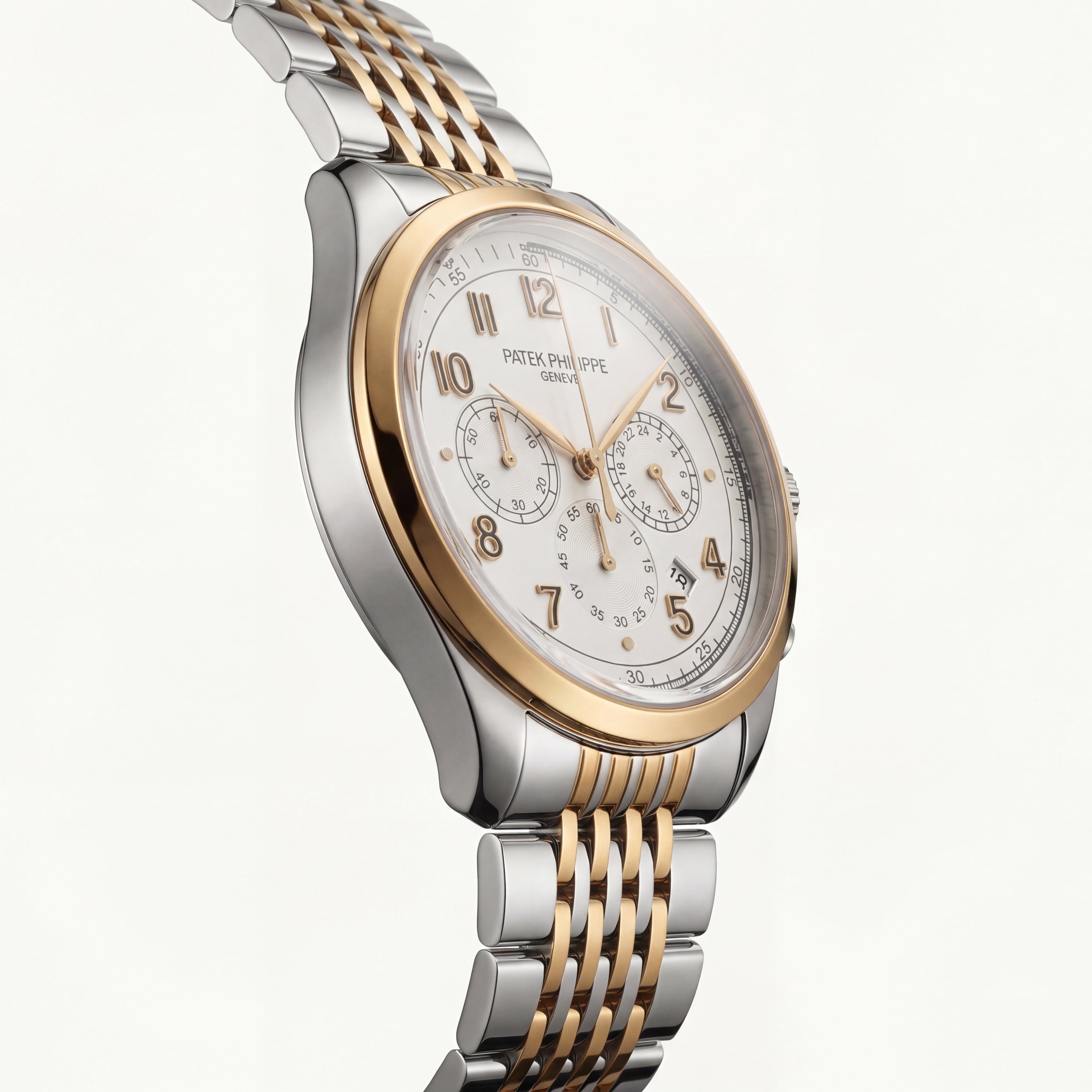 Luxury Two-Tone Stainless Steel Chronograph Watch Gold Bezel Silver Dial Arabic Numerals Multi-Subdial Date Display – Men