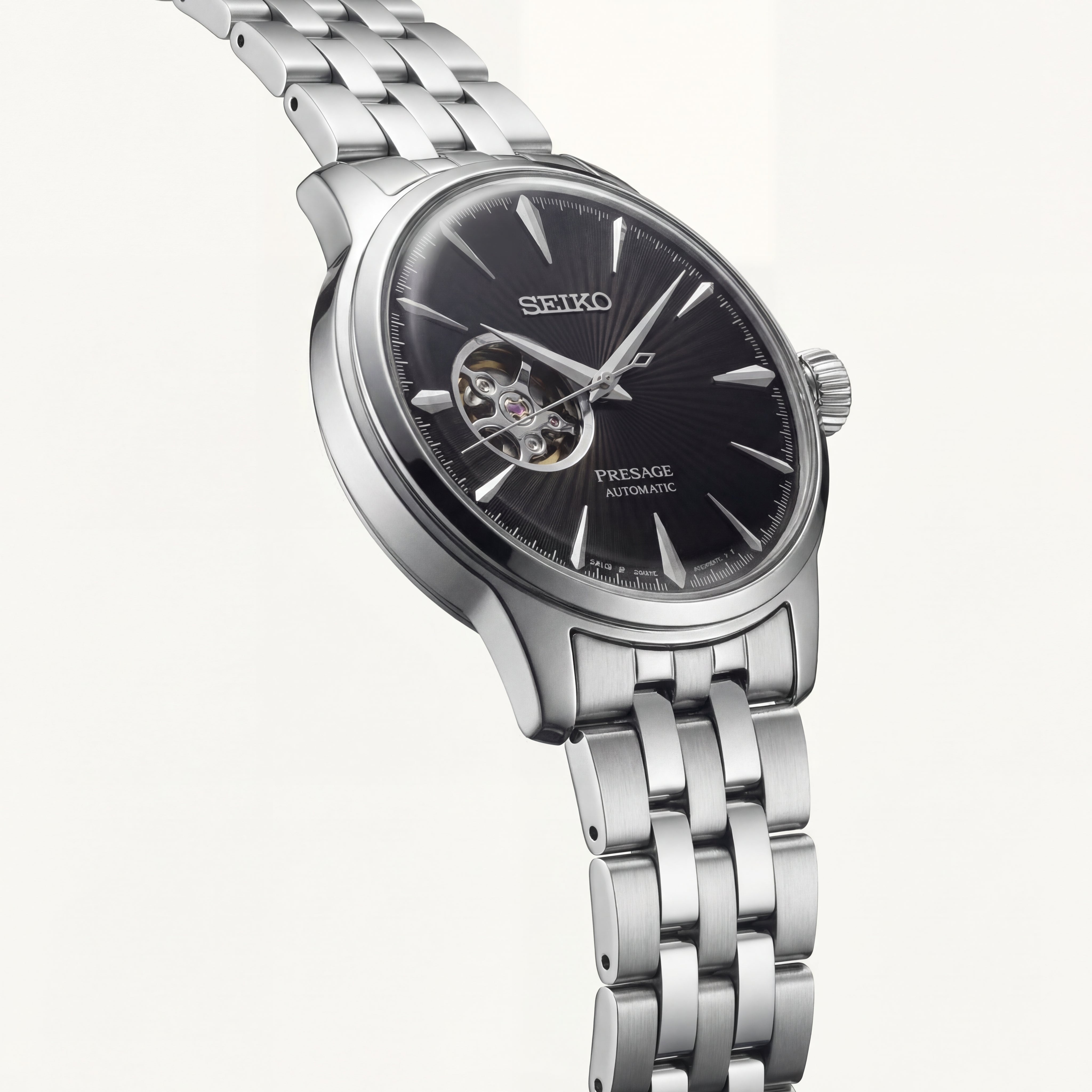 Silver Stainless Steel Case Black Sunburst Dial Open-Heart Automatic Luxury Bracelet Watch – Men