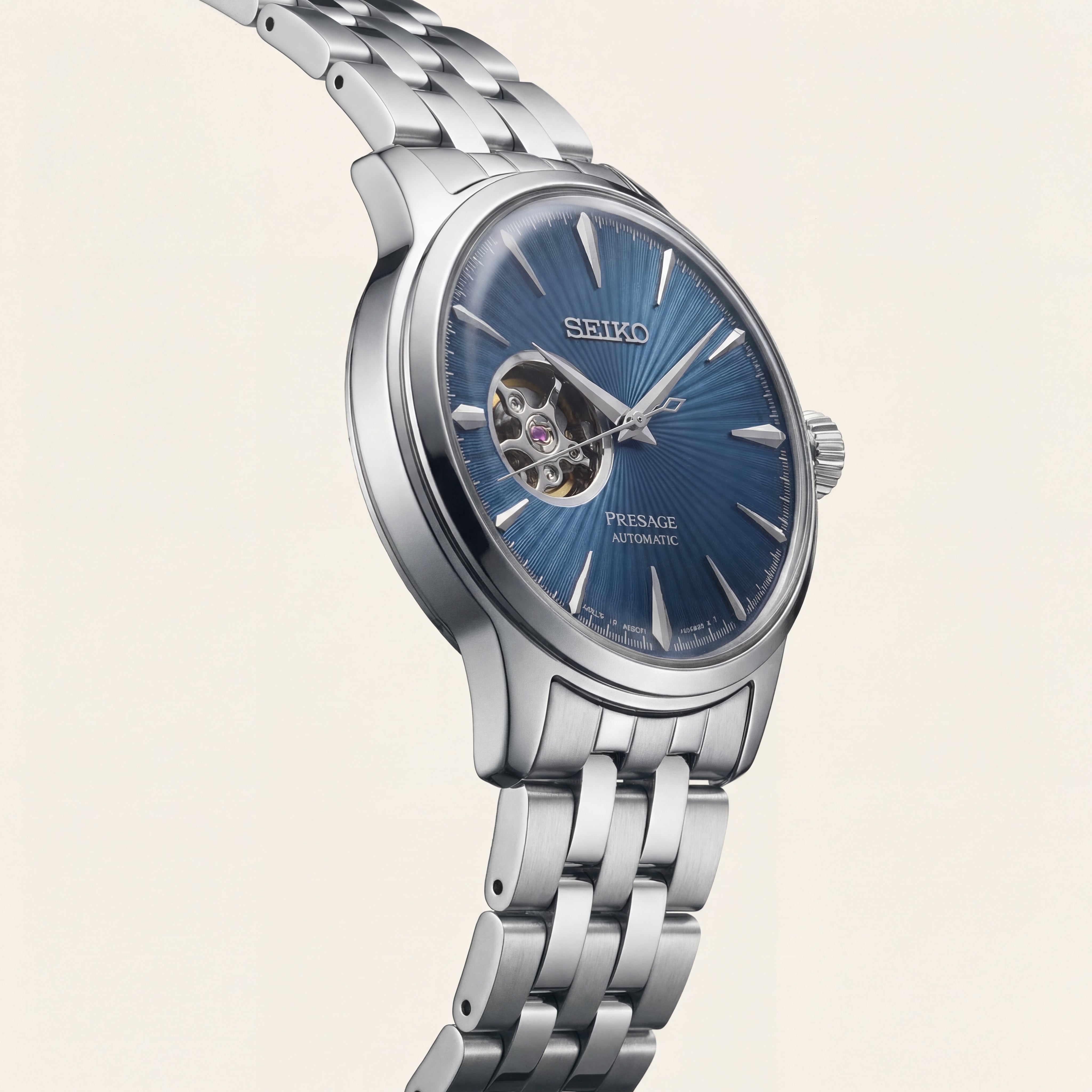 Silver Stainless Steel Case Blue Sunburst Dial Open-Heart Automatic Luxury Bracelet Watch – Men