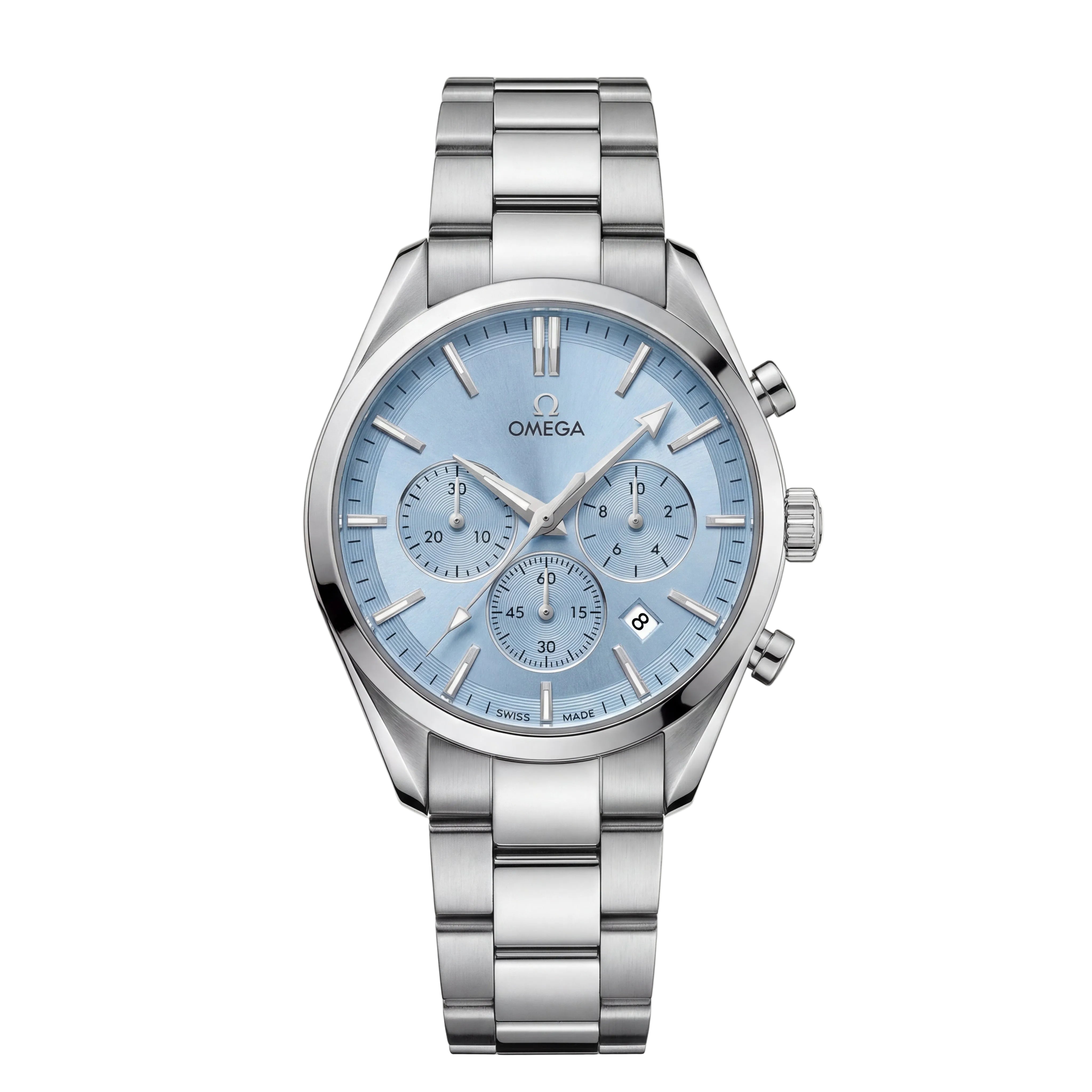 Luxury Silver Stainless Steel Chronograph Watch Ice Blue Dial Baton Markers Multi-Subdial Date Display – Men