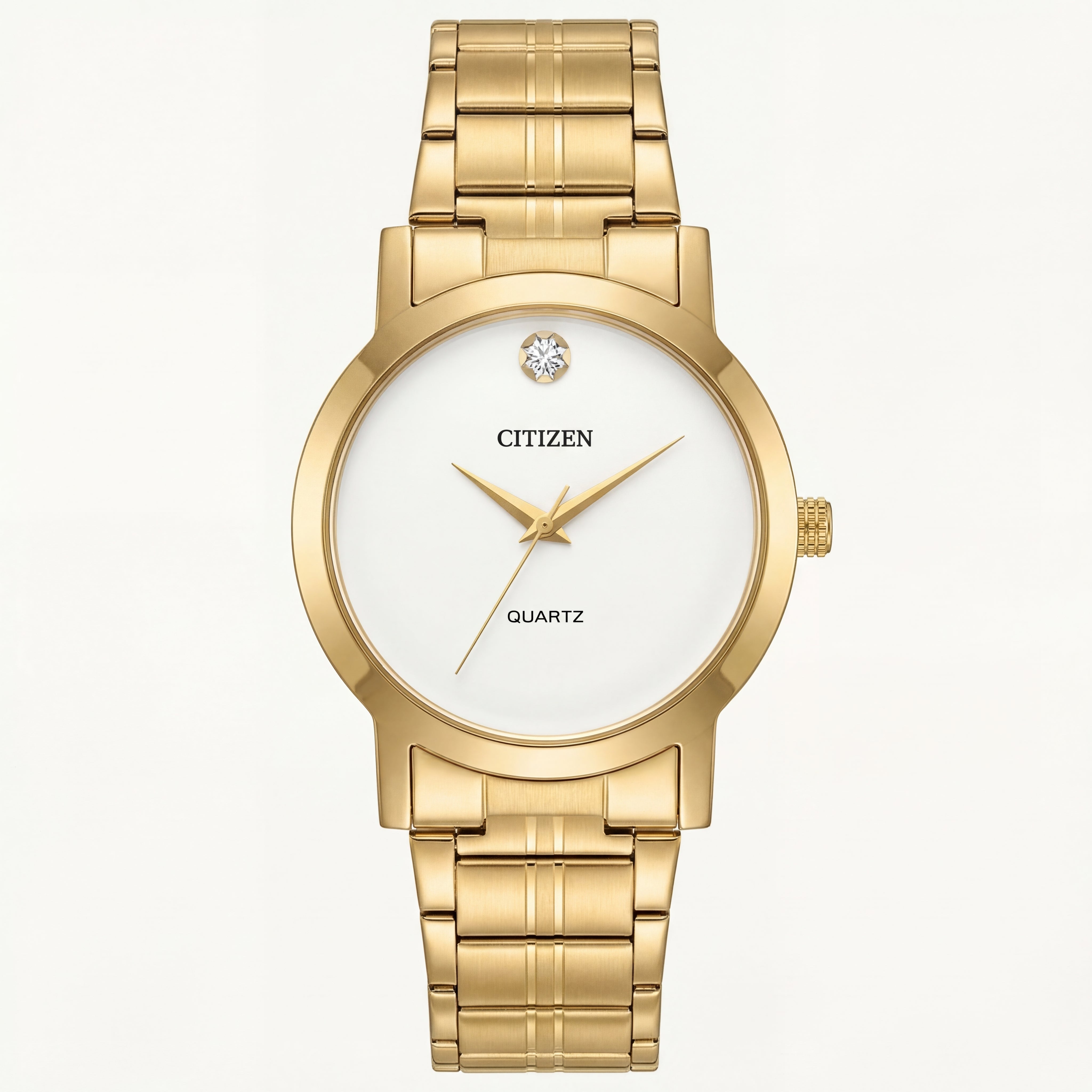 Luxury Gold Stainless Steel Minimalist Watch White Dial Diamond Marker Slim Quartz Dress Watch – Men