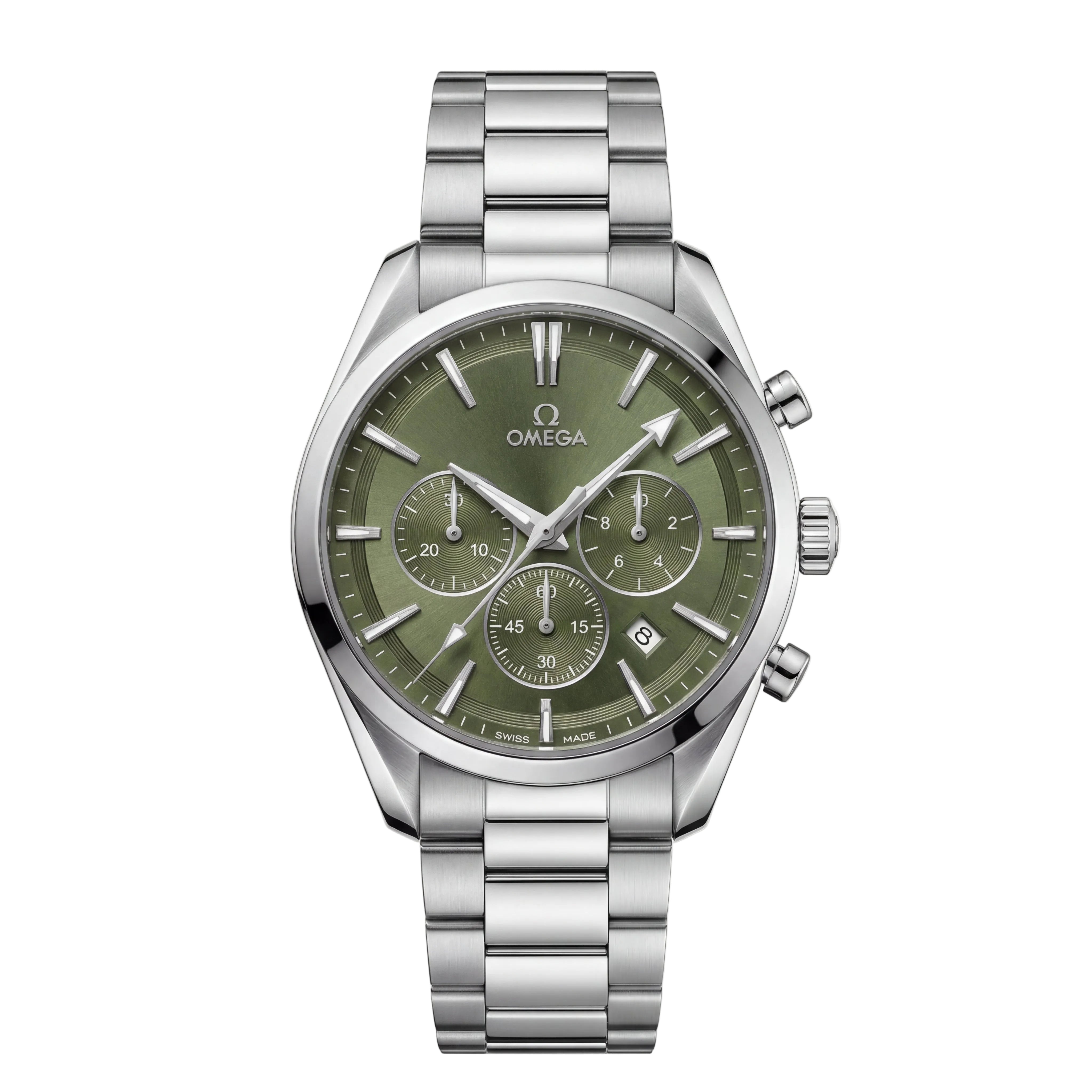Luxury Silver Stainless Steel Chronograph Watch Olive Green Dial Baton Markers Multi-Subdial Date Display – Men