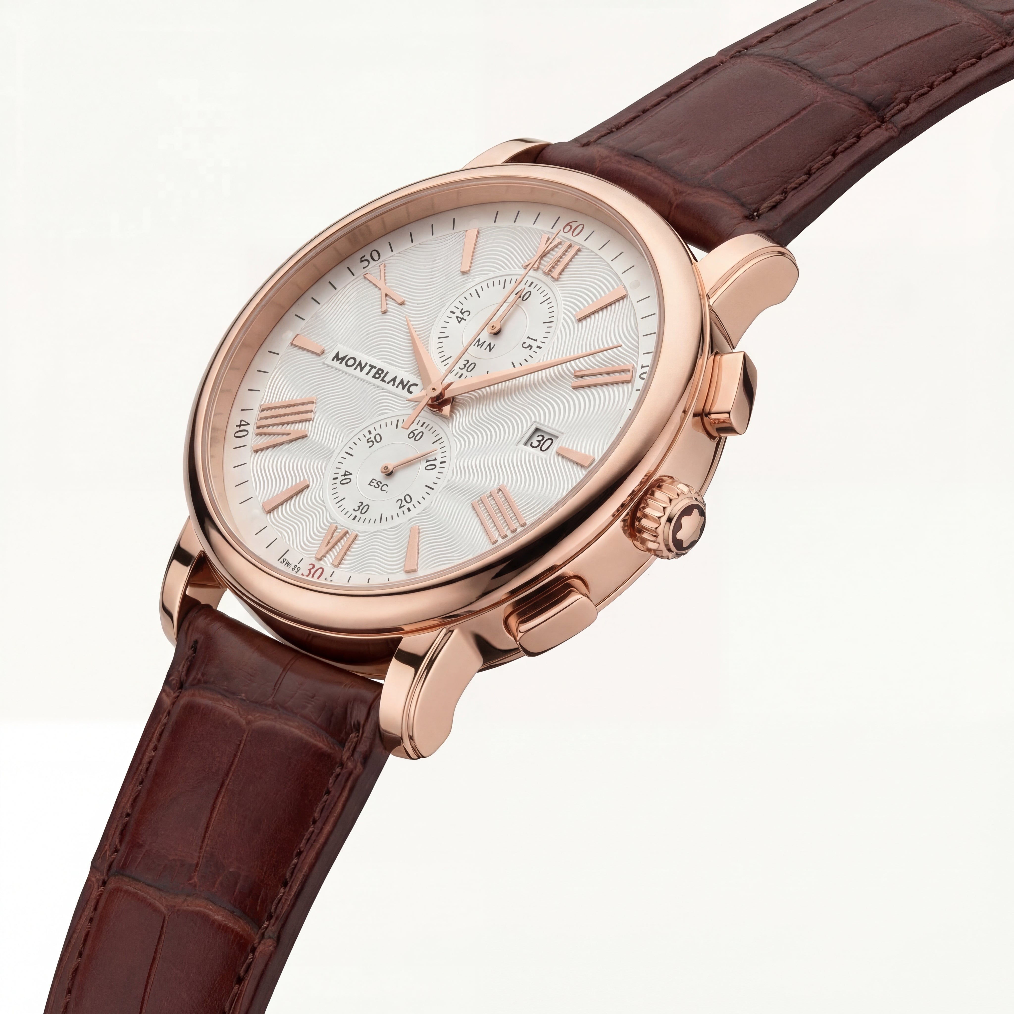 Luxury Rose Gold Stainless Steel Chronograph Watch White Textured Dial Brown Leather Strap Roman Markers Date Display – Men