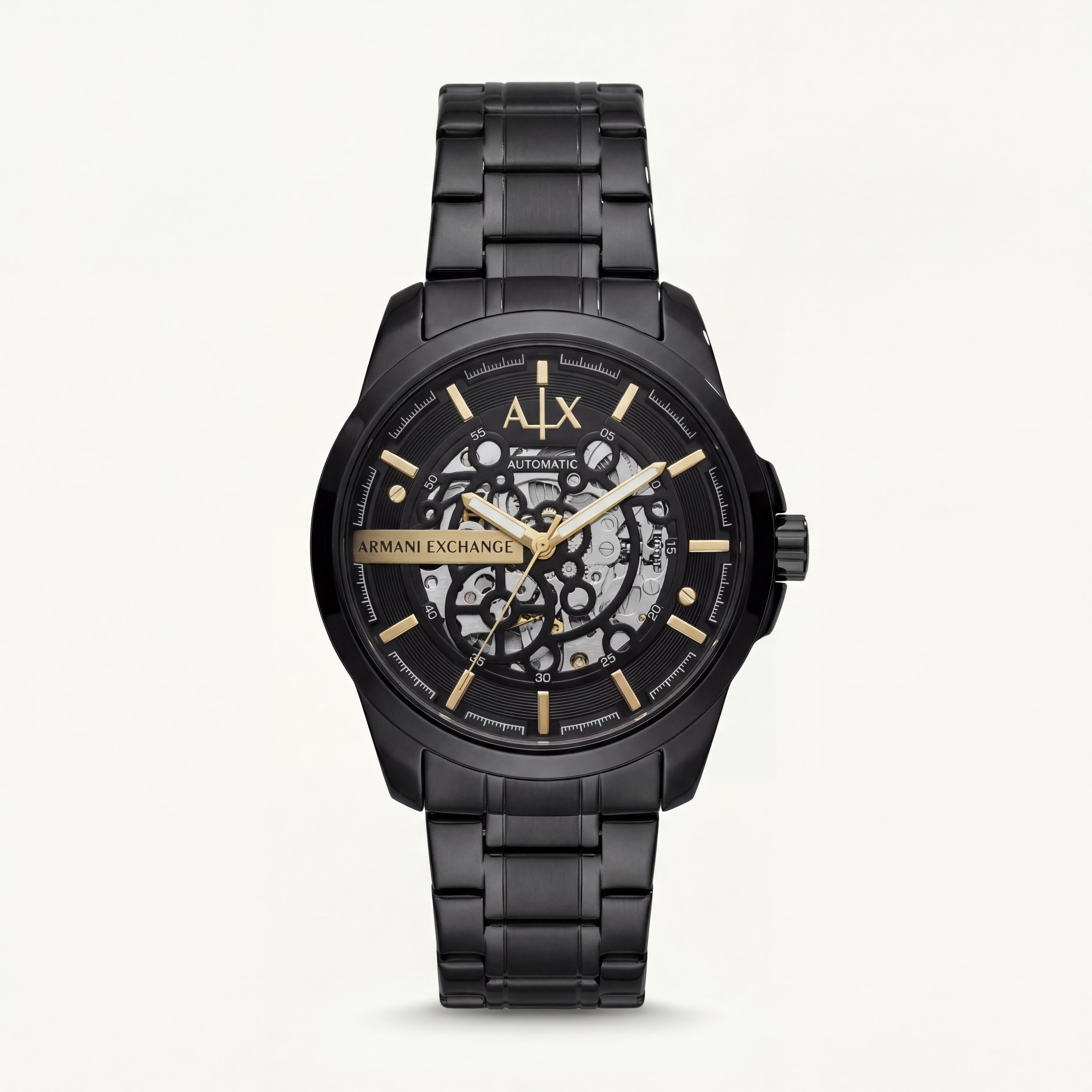 Luxury Black Stainless Steel Skeleton Watch Gold Markers Automatic Open Dial Mechanical Watch – Men