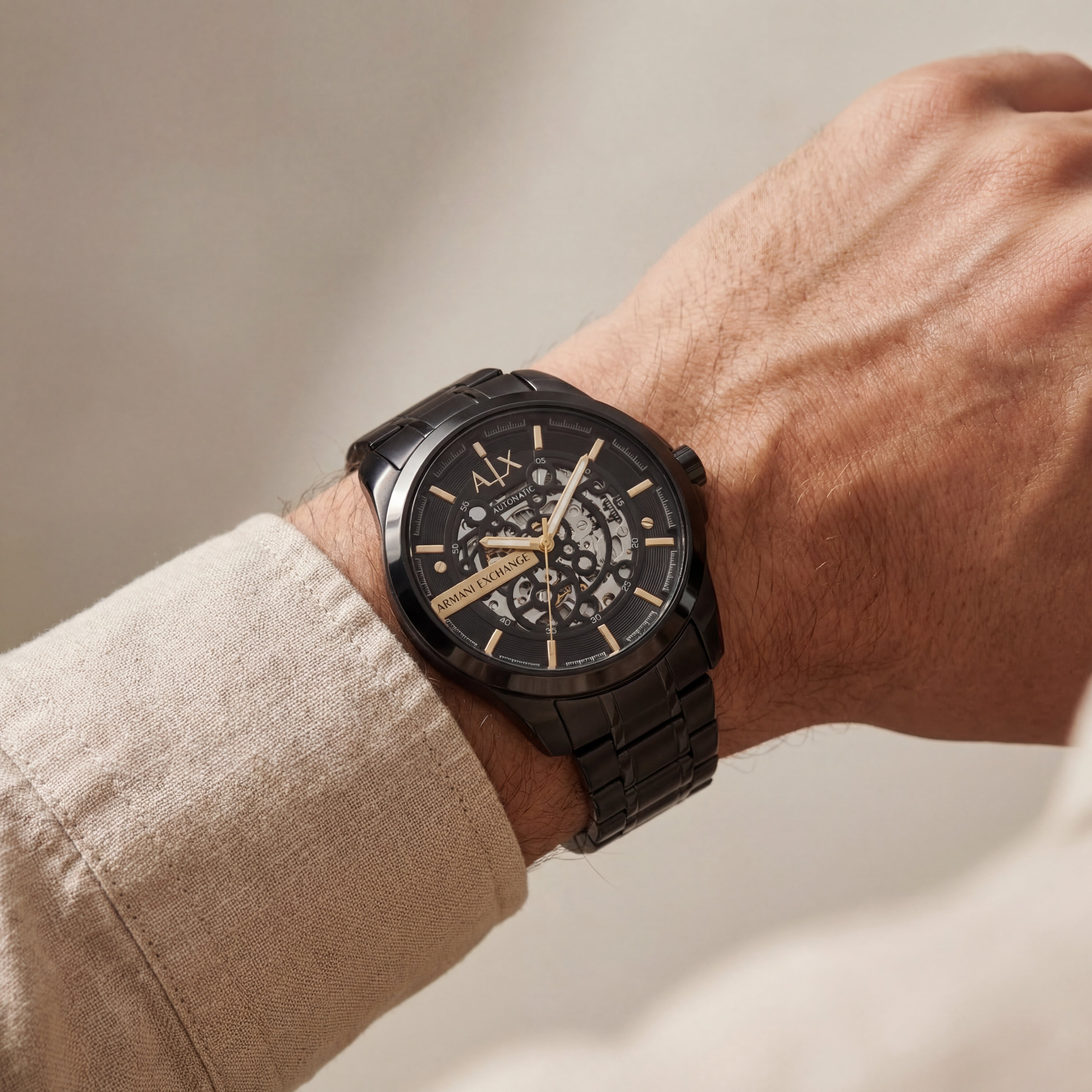 Luxury Black Stainless Steel Skeleton Watch Gold Markers Automatic Open Dial Mechanical Watch – Men