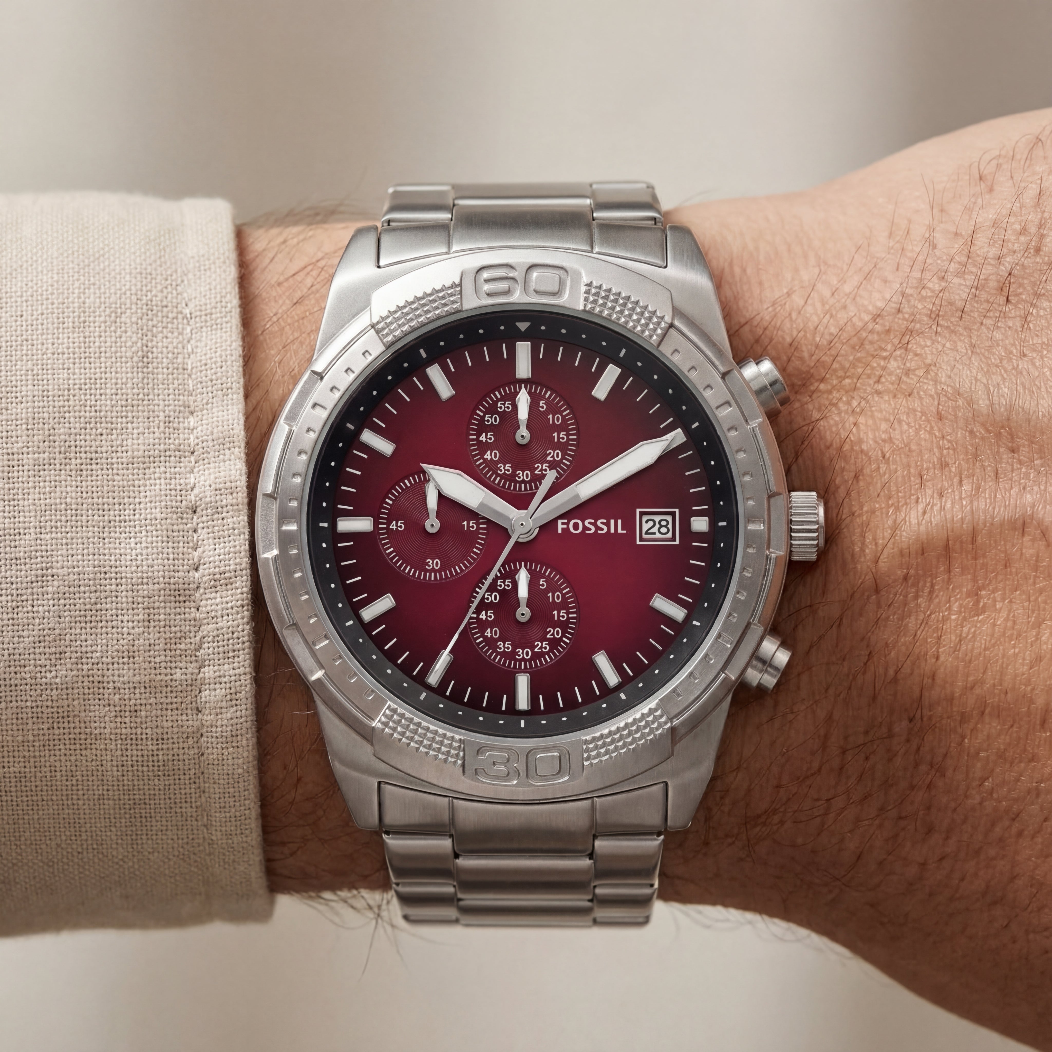 Premium Silver Stainless Steel Chronograph Watch Red Sunburst Dial Date Display Sport Luxury Watch – Men