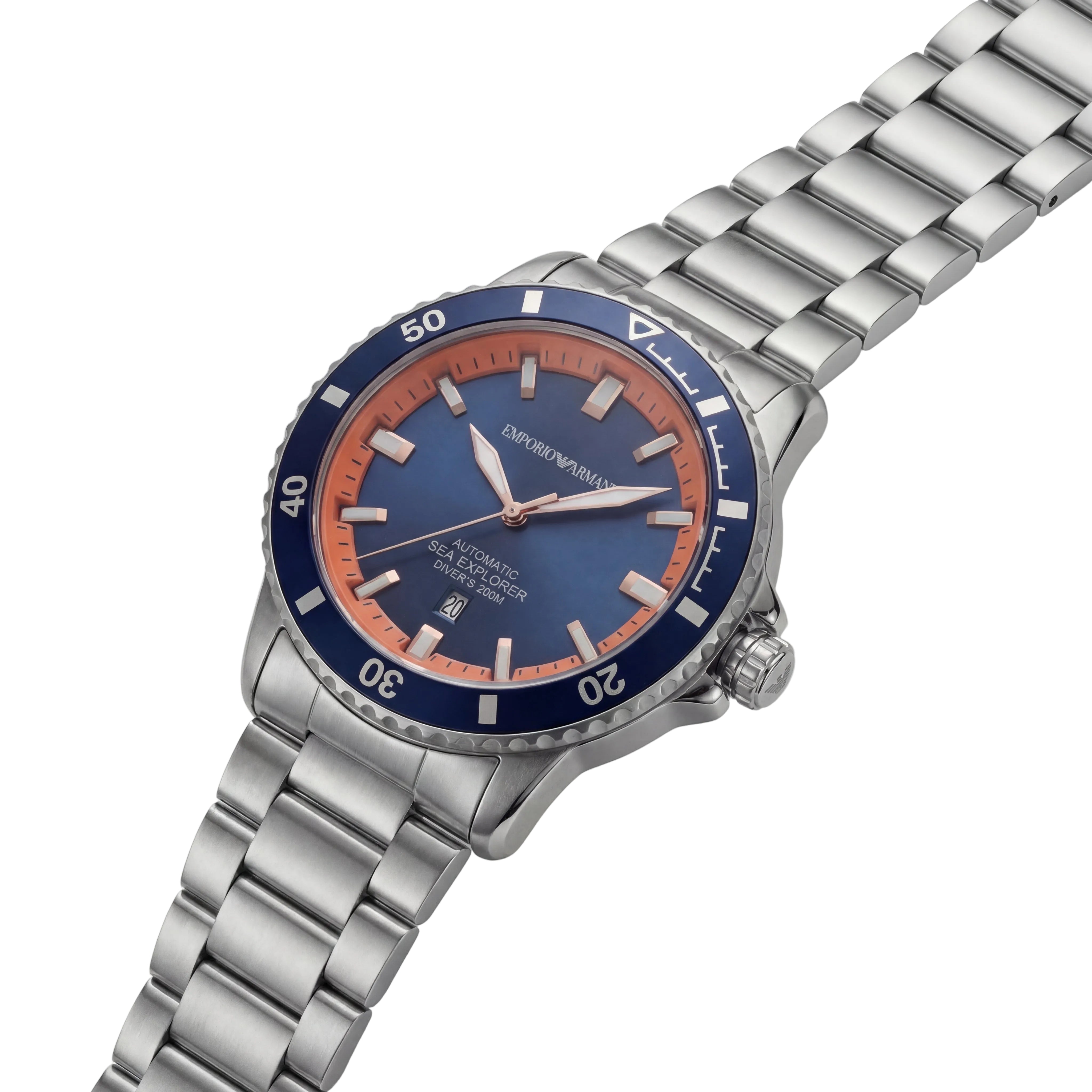 Premium Silver Stainless Steel Diver Style Watch Blue Dial Orange Accent Bezel Date Display Sport Luxury Watch – Men