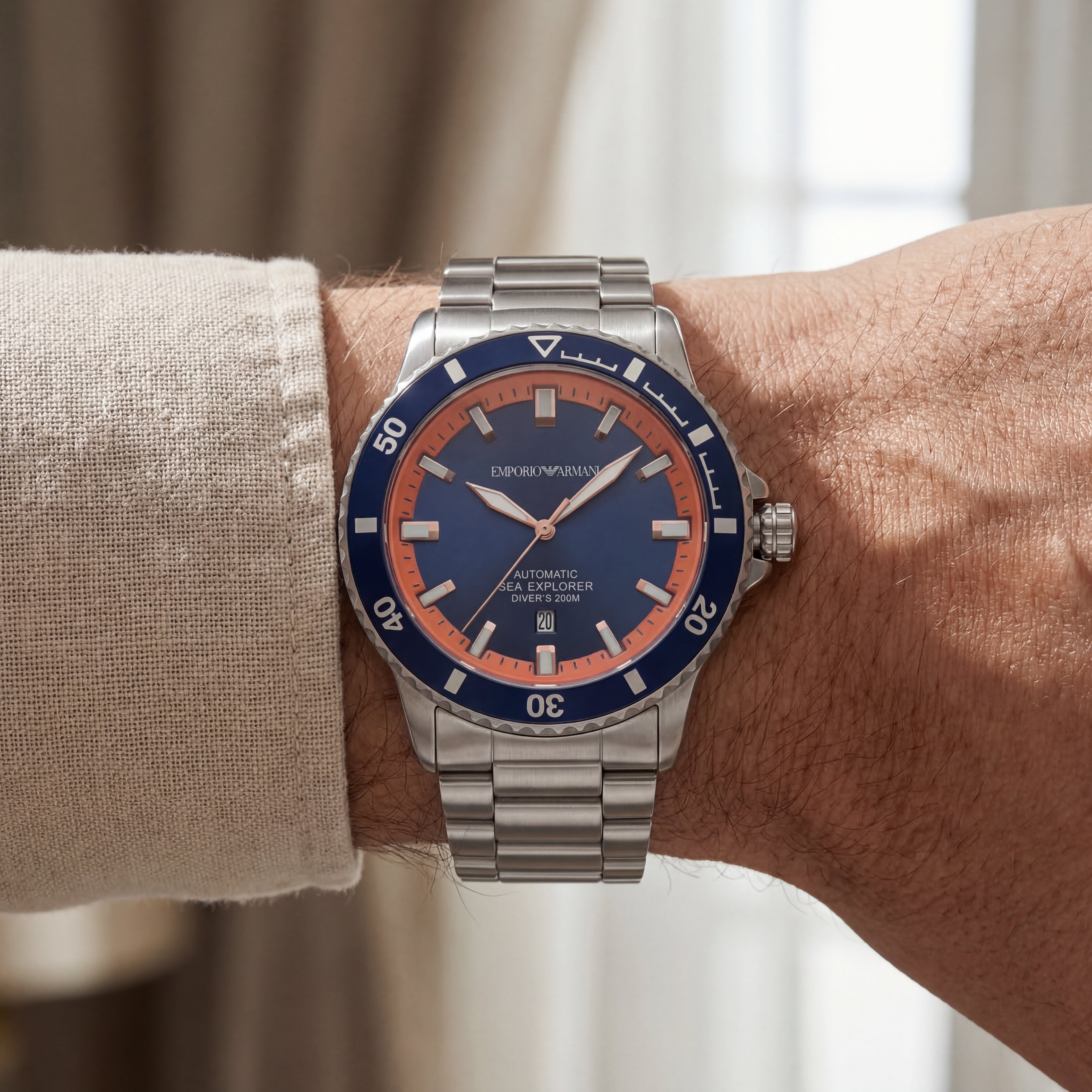 Premium Silver Stainless Steel Diver Style Watch Blue Dial Orange Accent Bezel Date Display Sport Luxury Watch – Men