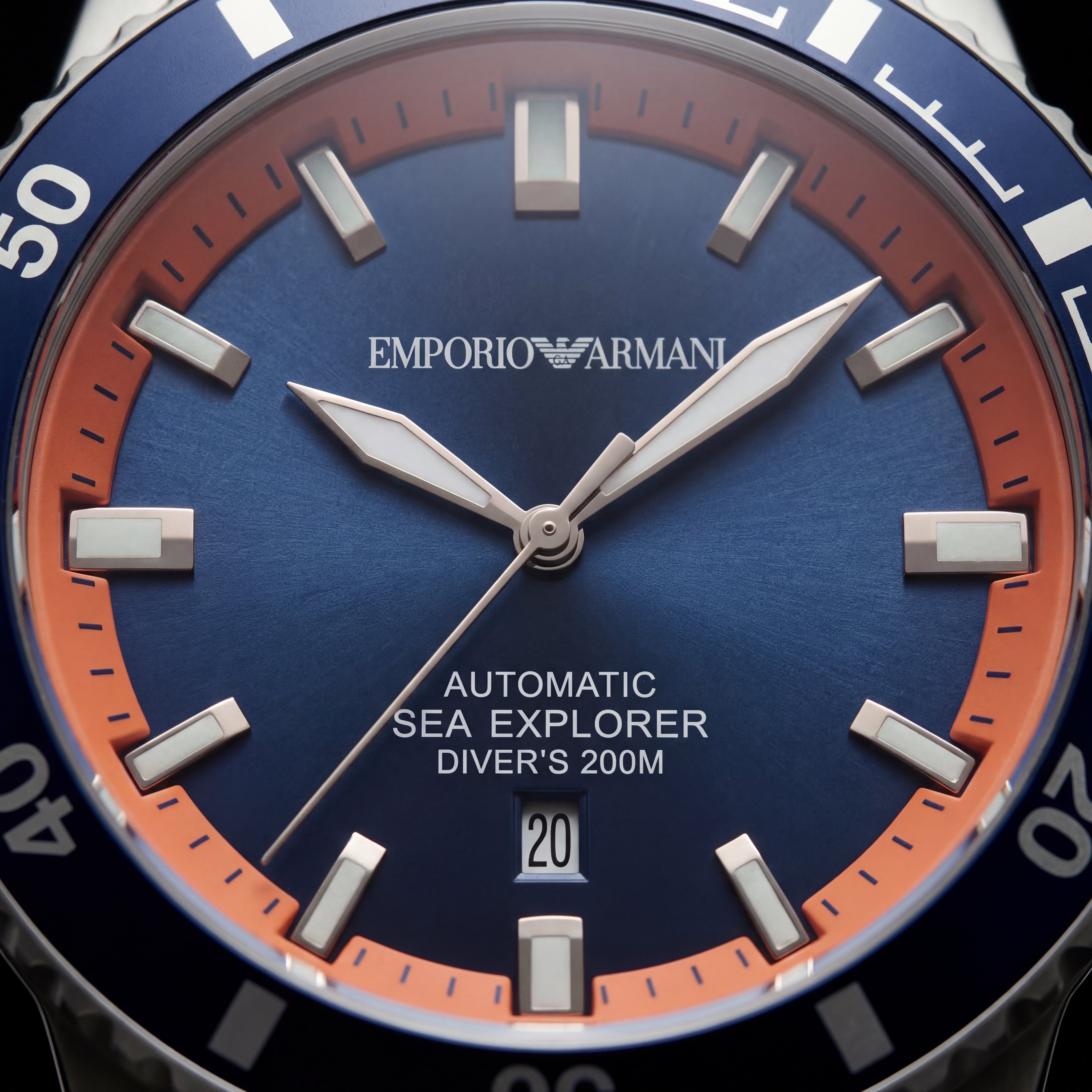 Premium Silver Stainless Steel Diver Style Watch Blue Dial Orange Accent Bezel Date Display Sport Luxury Watch – Men