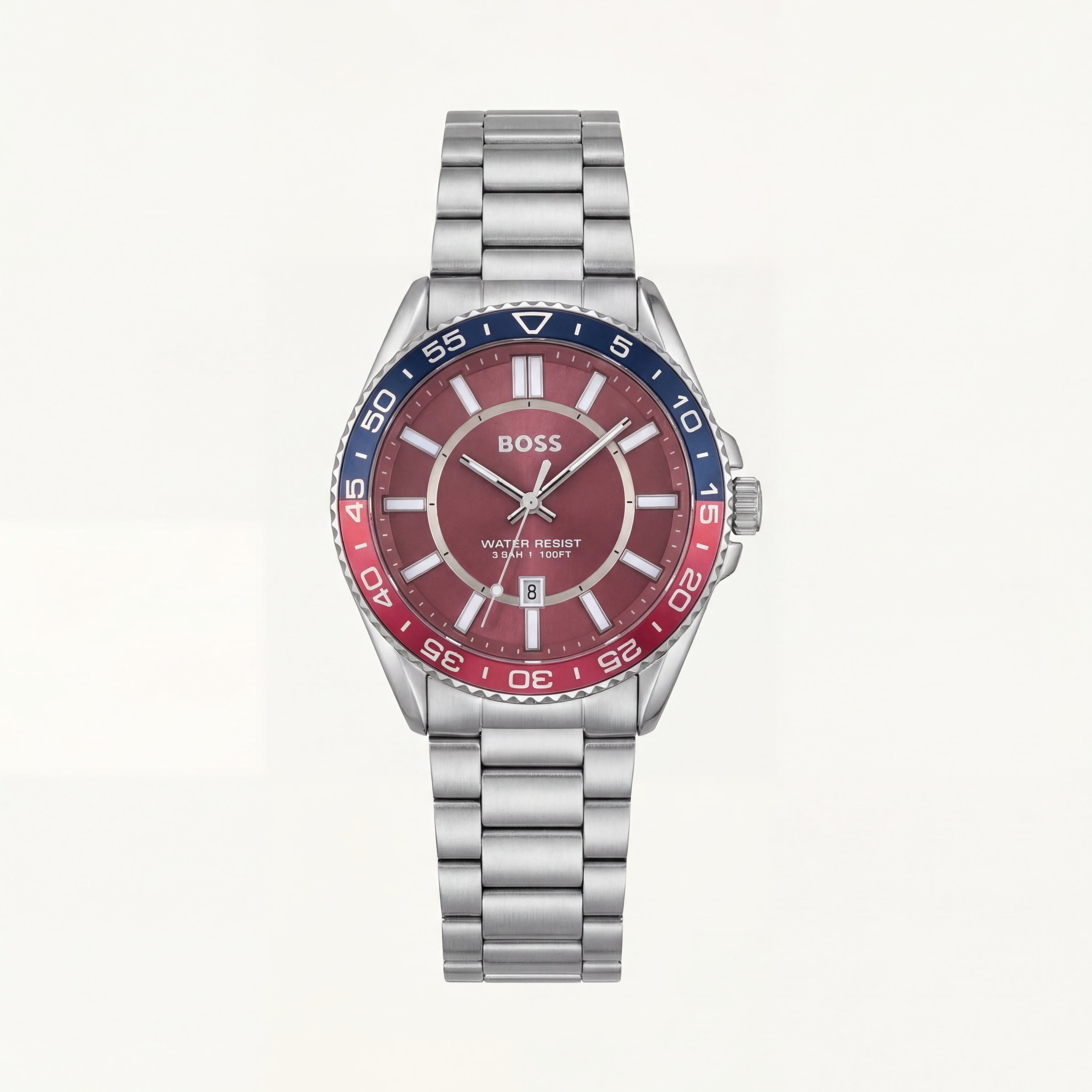 Premium Silver Stainless Steel Sport Watch Red Dial Dual-Tone Bezel Date Display Classic Luxury Watch – Men