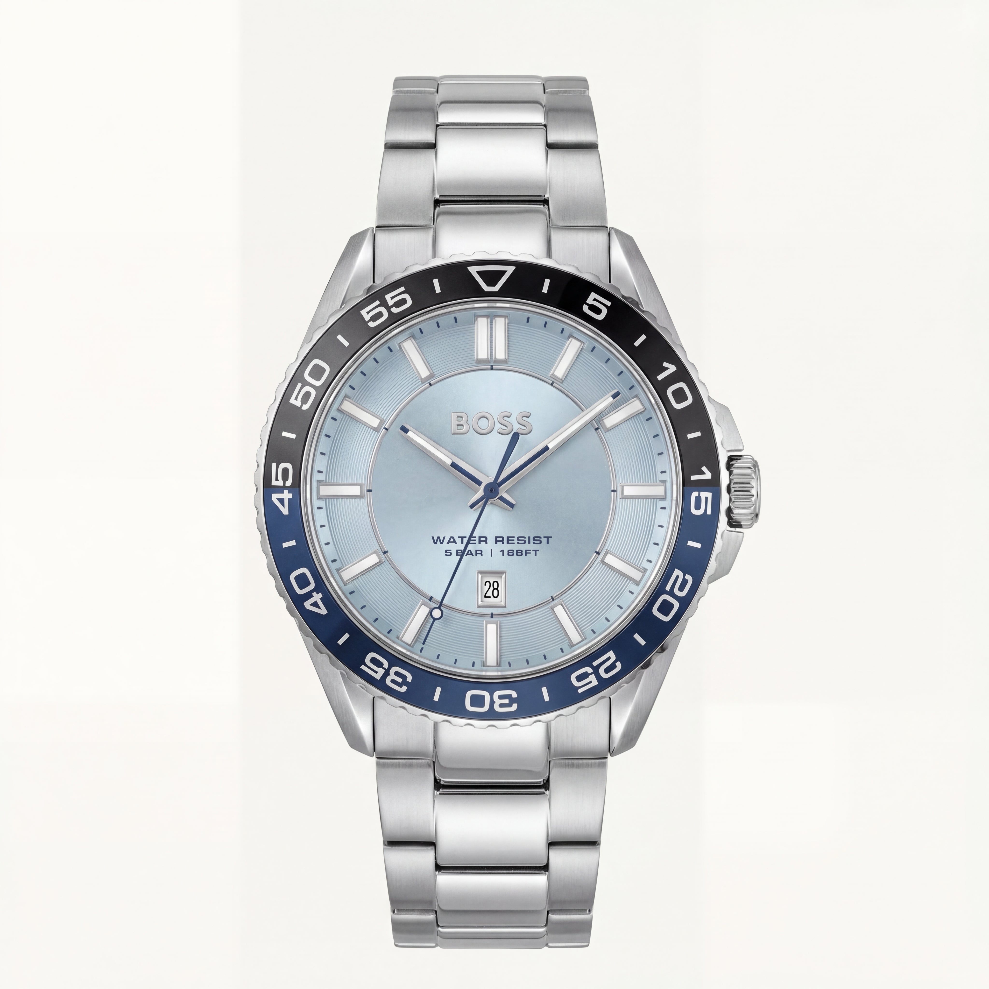 Premium Silver Stainless Steel Watch Ice Blue Dial Blue Sport Bezel Date Display Classic Luxury Watch – Men