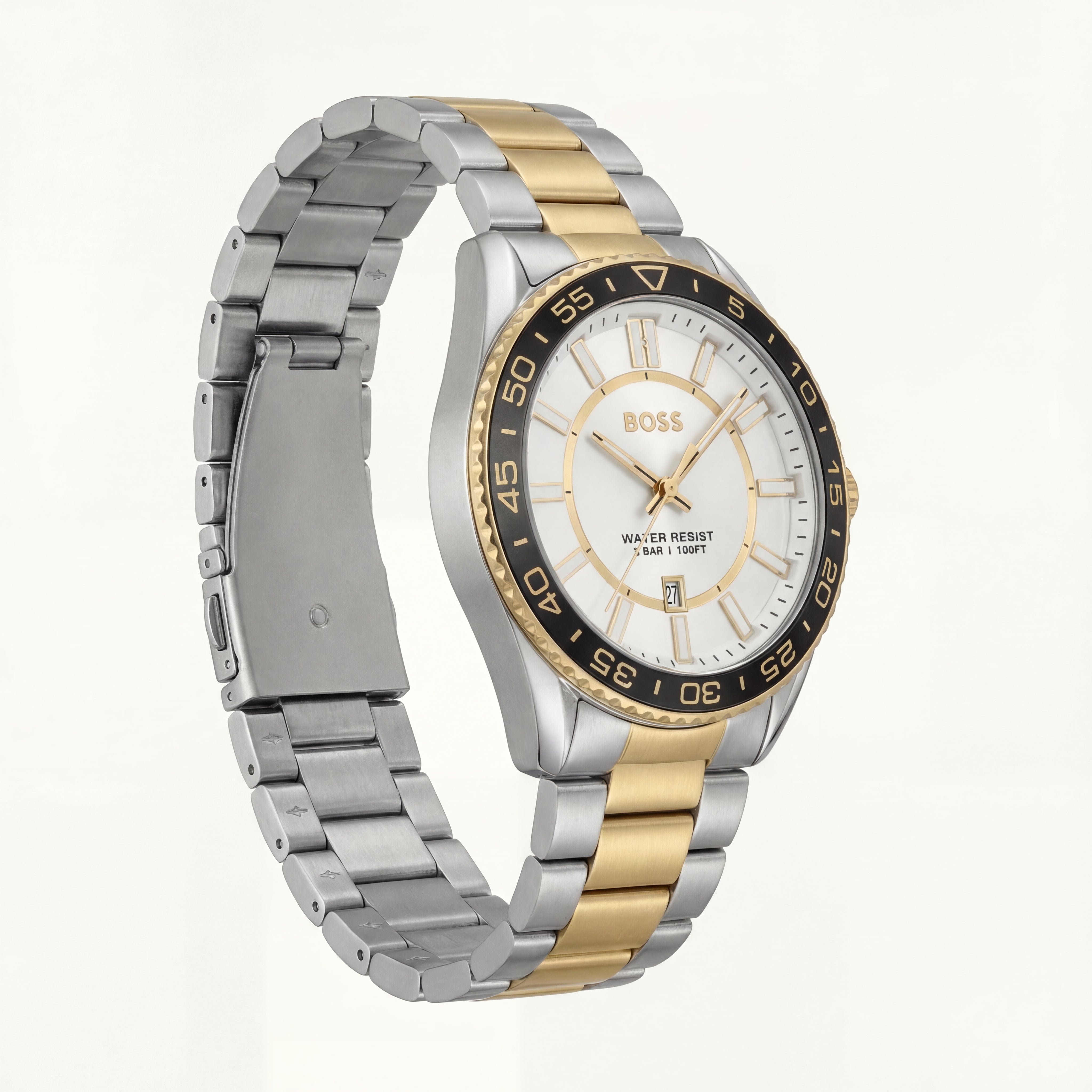 Premium Two-Tone Stainless Steel Watch White Dial Gold Accent Bezel Date Display Classic Luxury Watch – Men