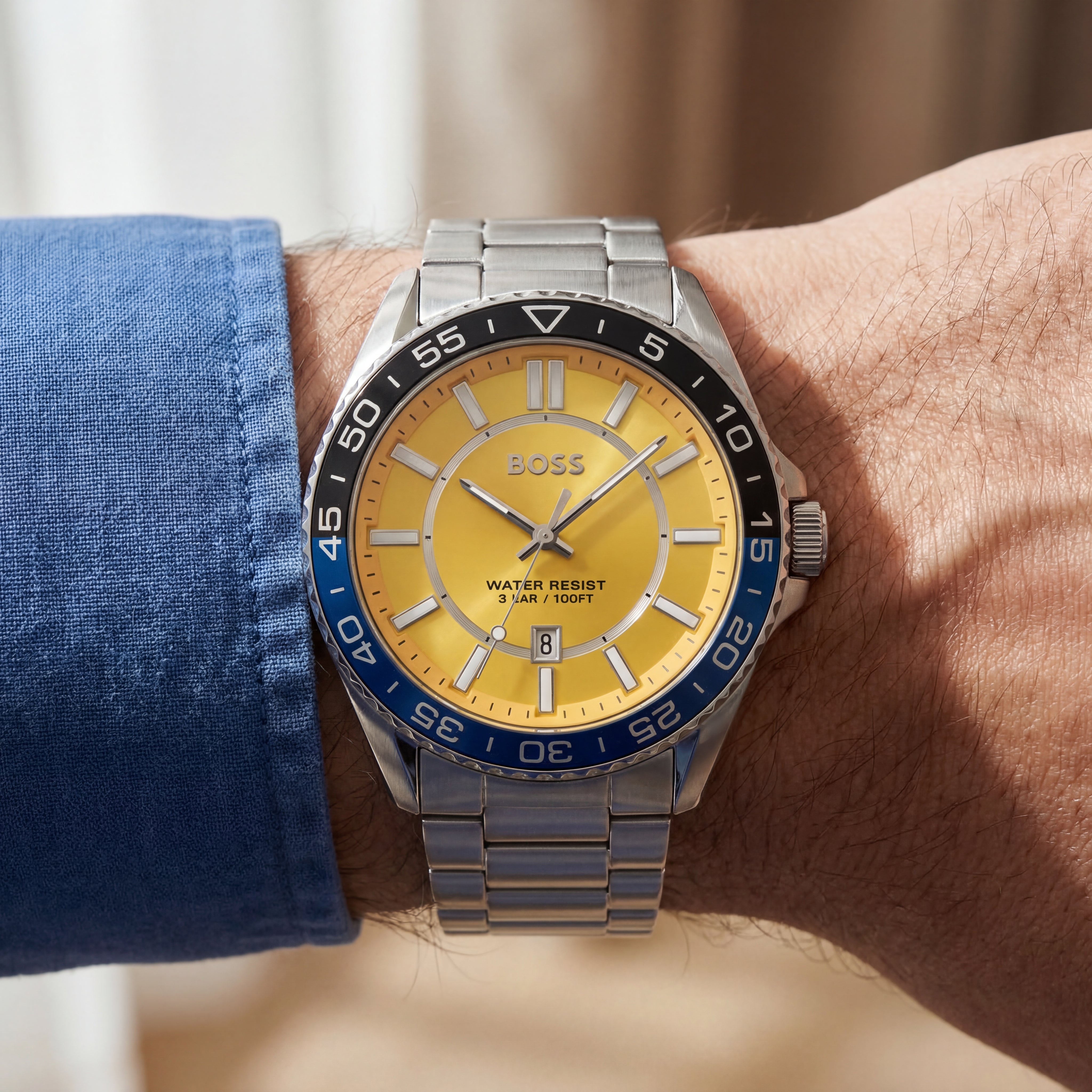 Premium Silver Stainless Steel Watch Yellow Dial Blue Sport Bezel Date Display Bold Luxury Watch – Men