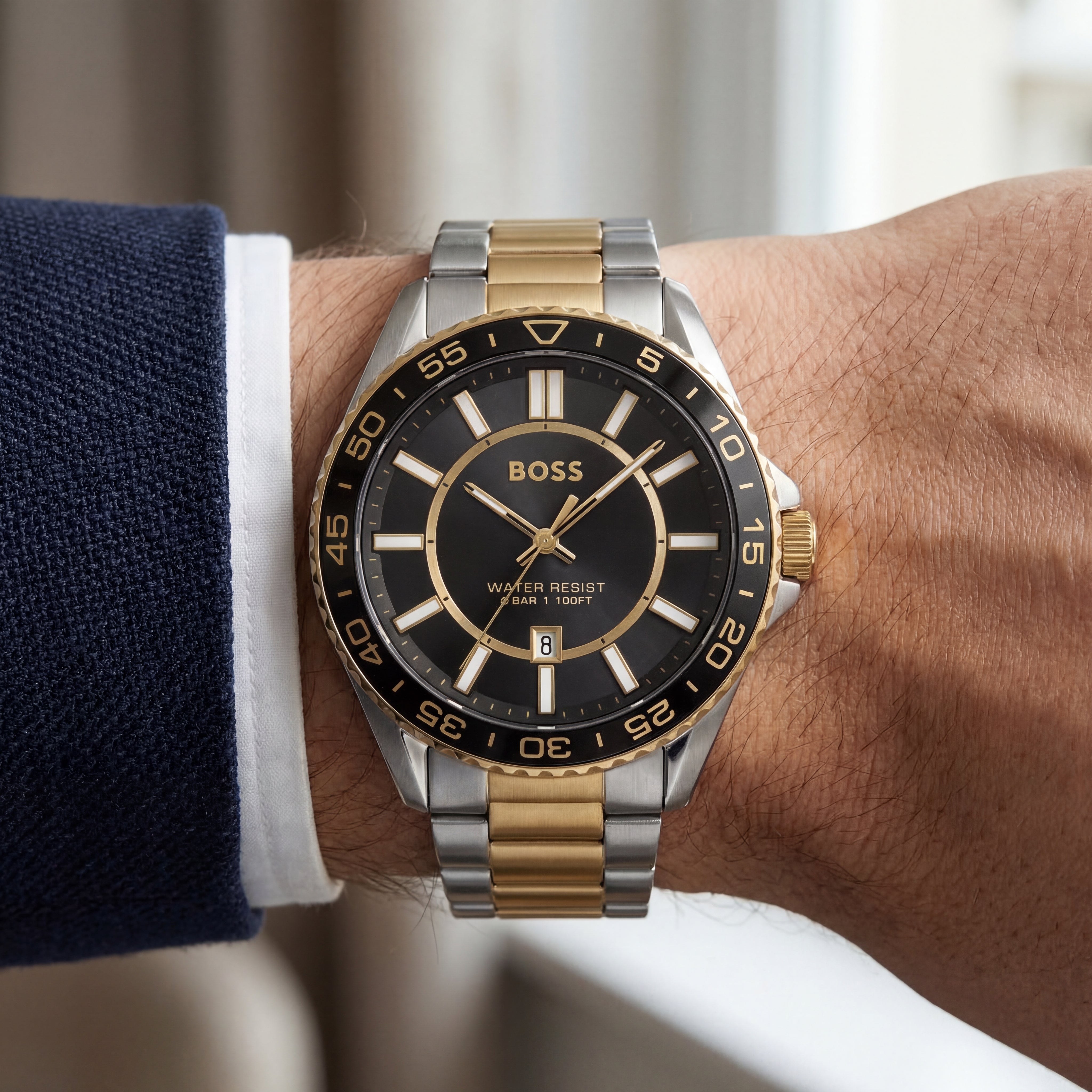 Premium Two-Tone Stainless Steel Watch Black Dial Gold Accent Bezel Date Display Classic Luxury Watch – Men