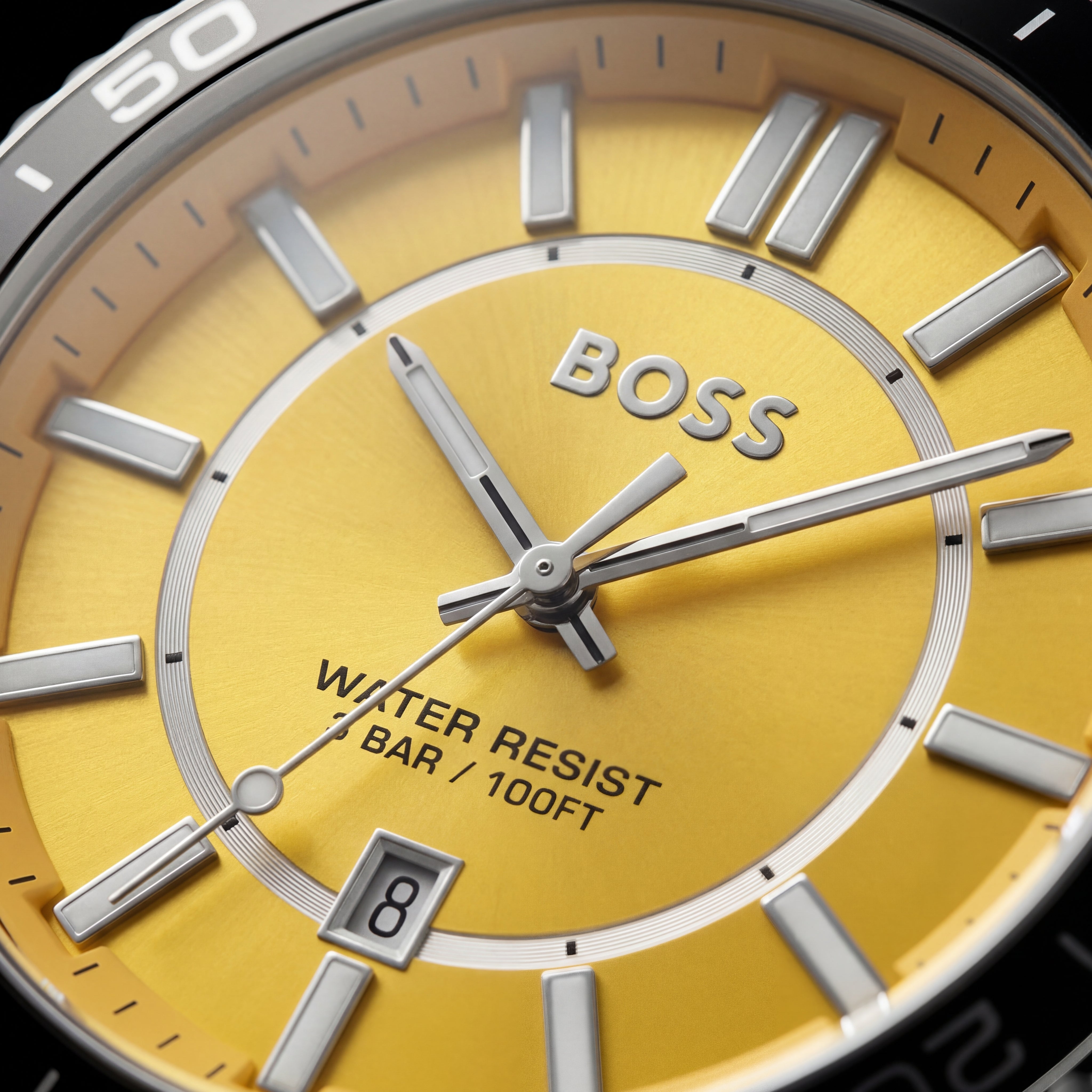 Premium Silver Stainless Steel Watch Yellow Dial Blue Sport Bezel Date Display Bold Luxury Watch – Men