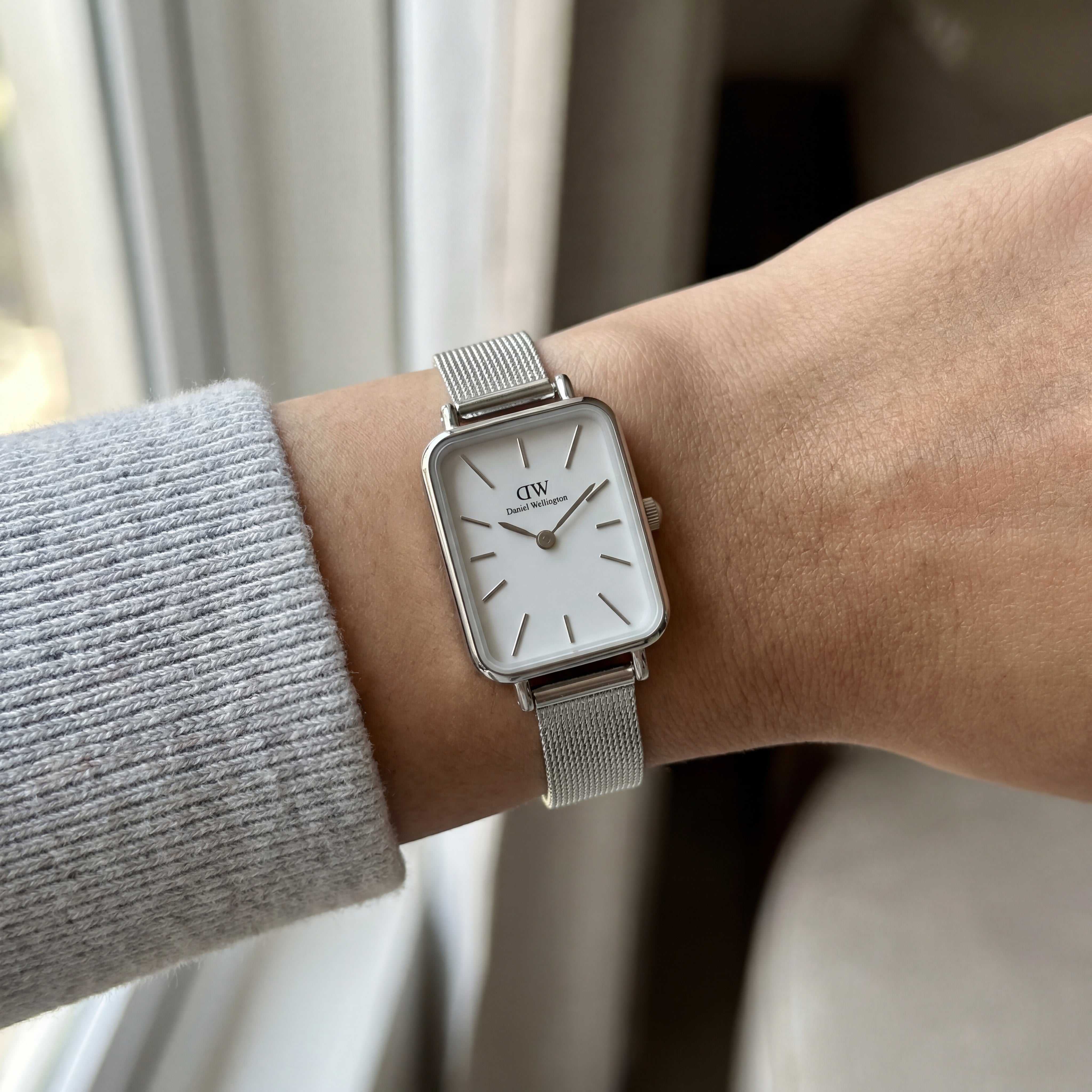 Classic White Rectangular Dial Silver Mesh Minimal Watch