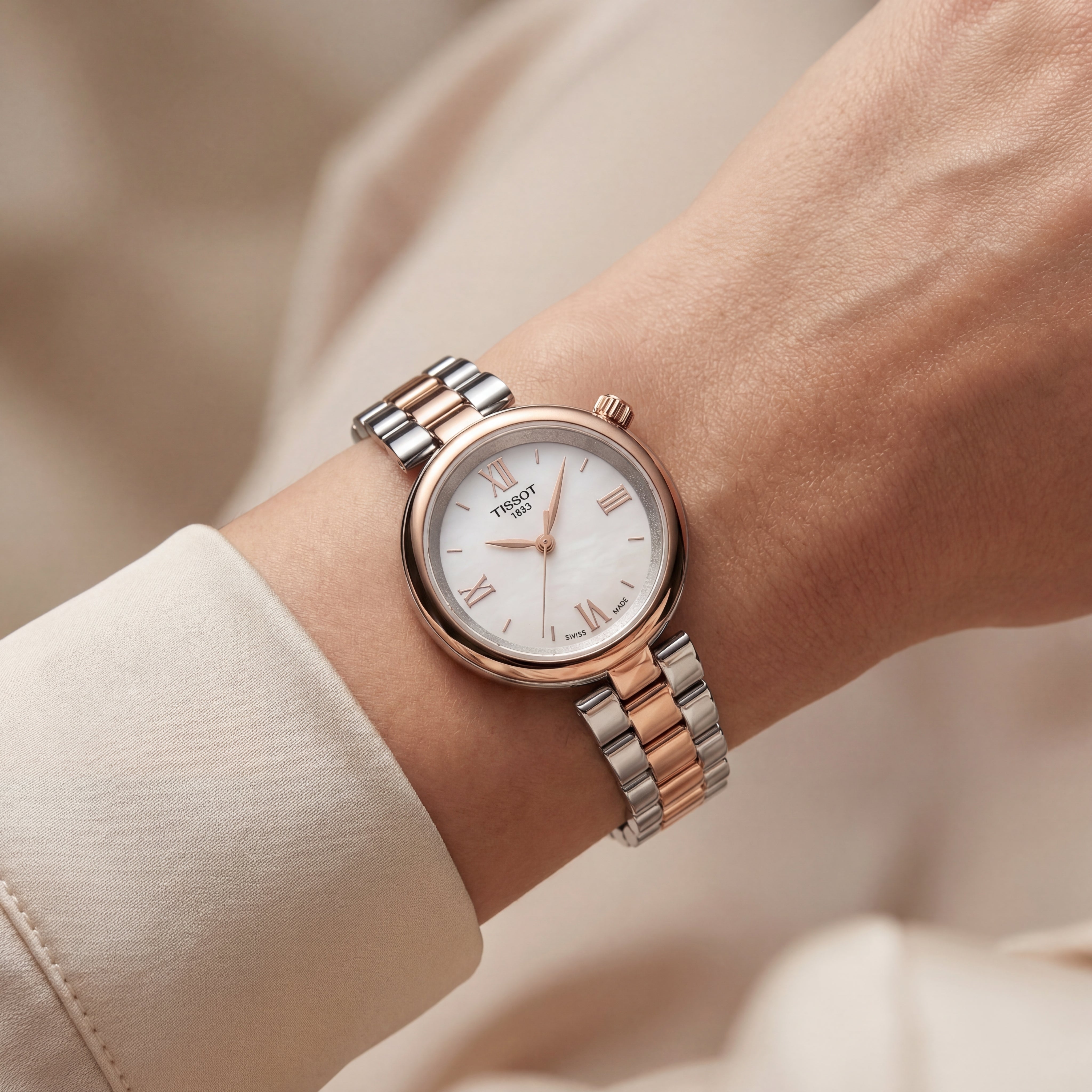 Two-Tone Steel & Rose Gold Roman Dial Elegant Bracelet Watch – Women