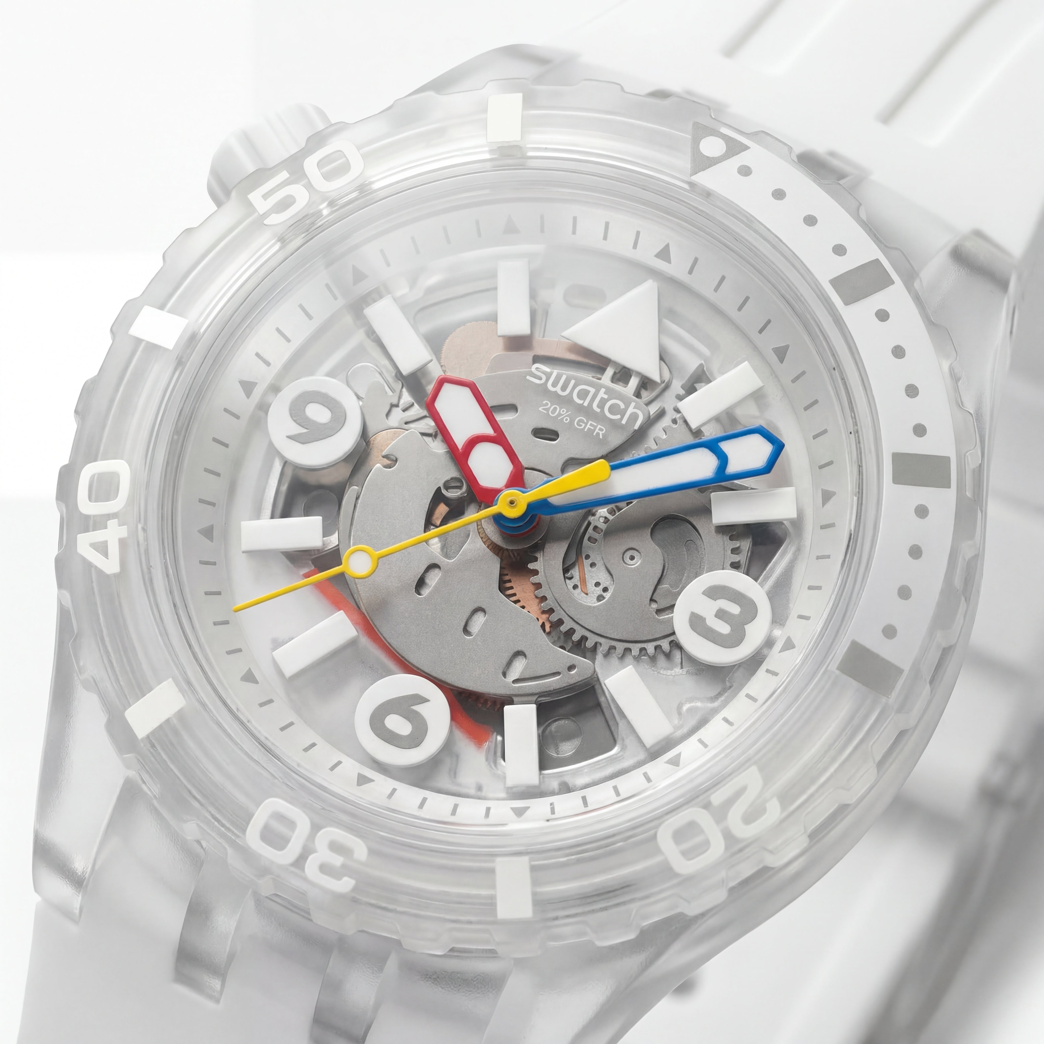 White Transparent Skeleton Dive-Style Men’s Watch with Multicolor Hands