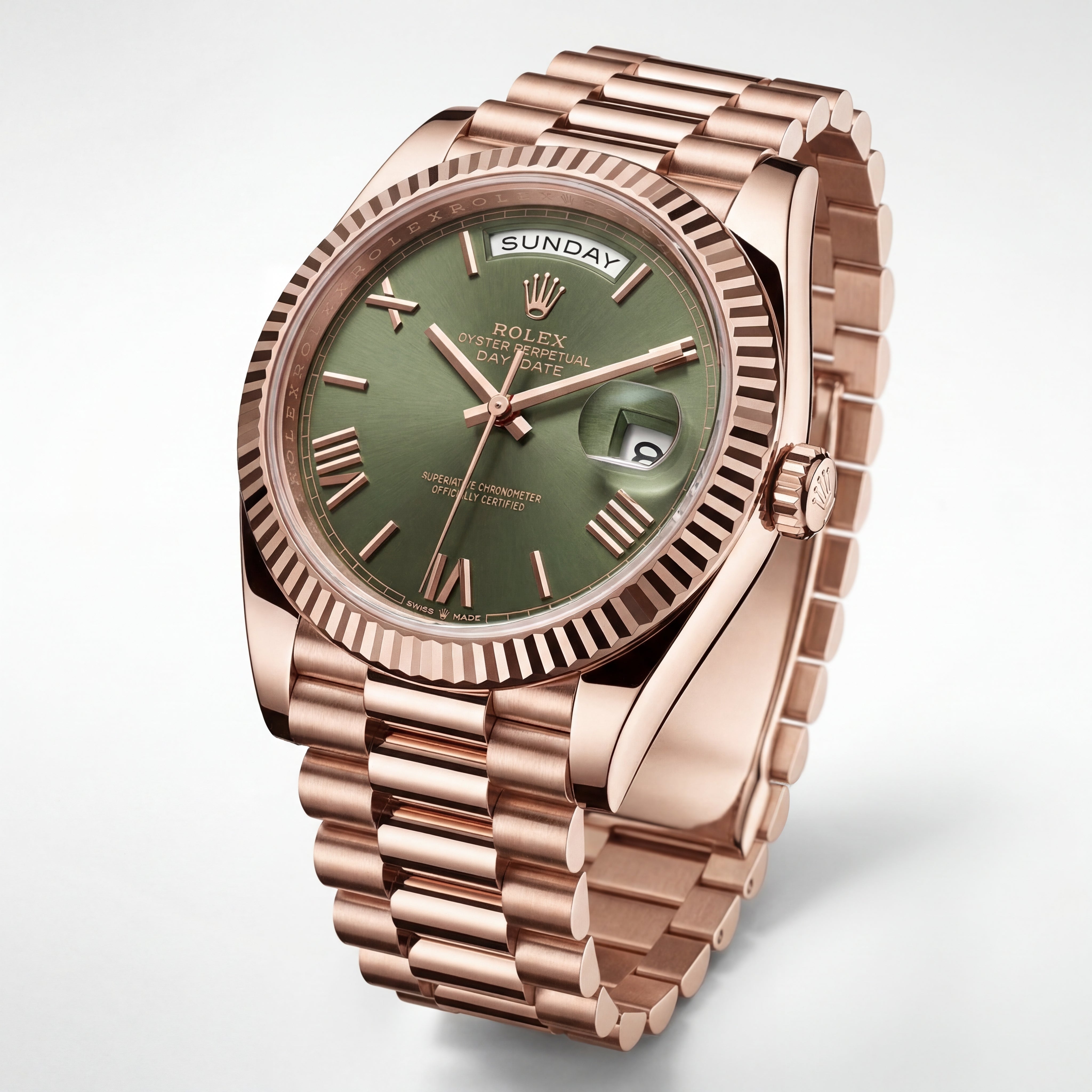 Rose Gold Day-Date President-Style Luxury Men’s Watch with Olive Green Dial