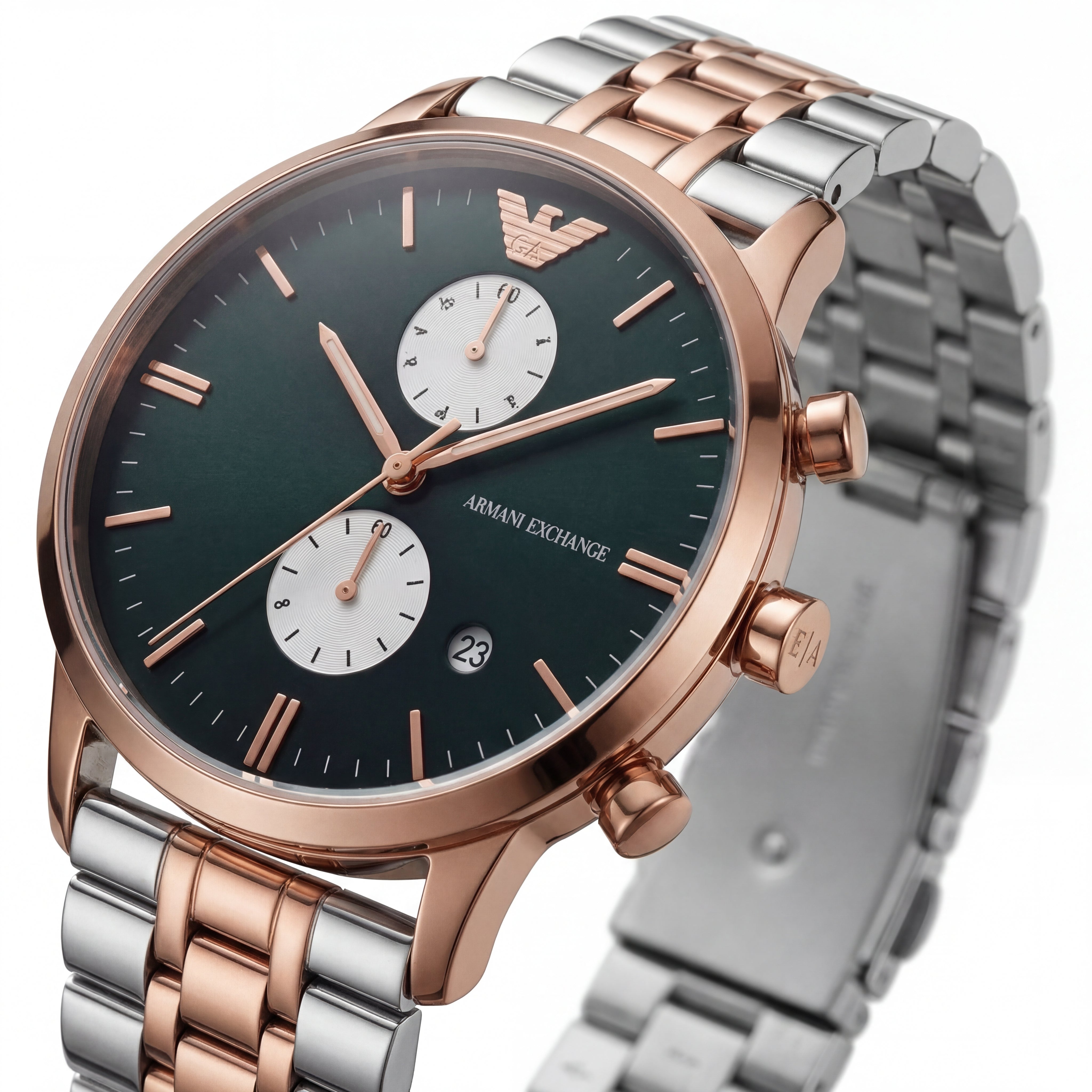 Emerald Green Chronograph Men’s Watch with Rose Gold & Silver Dual-Tone Bracelet
