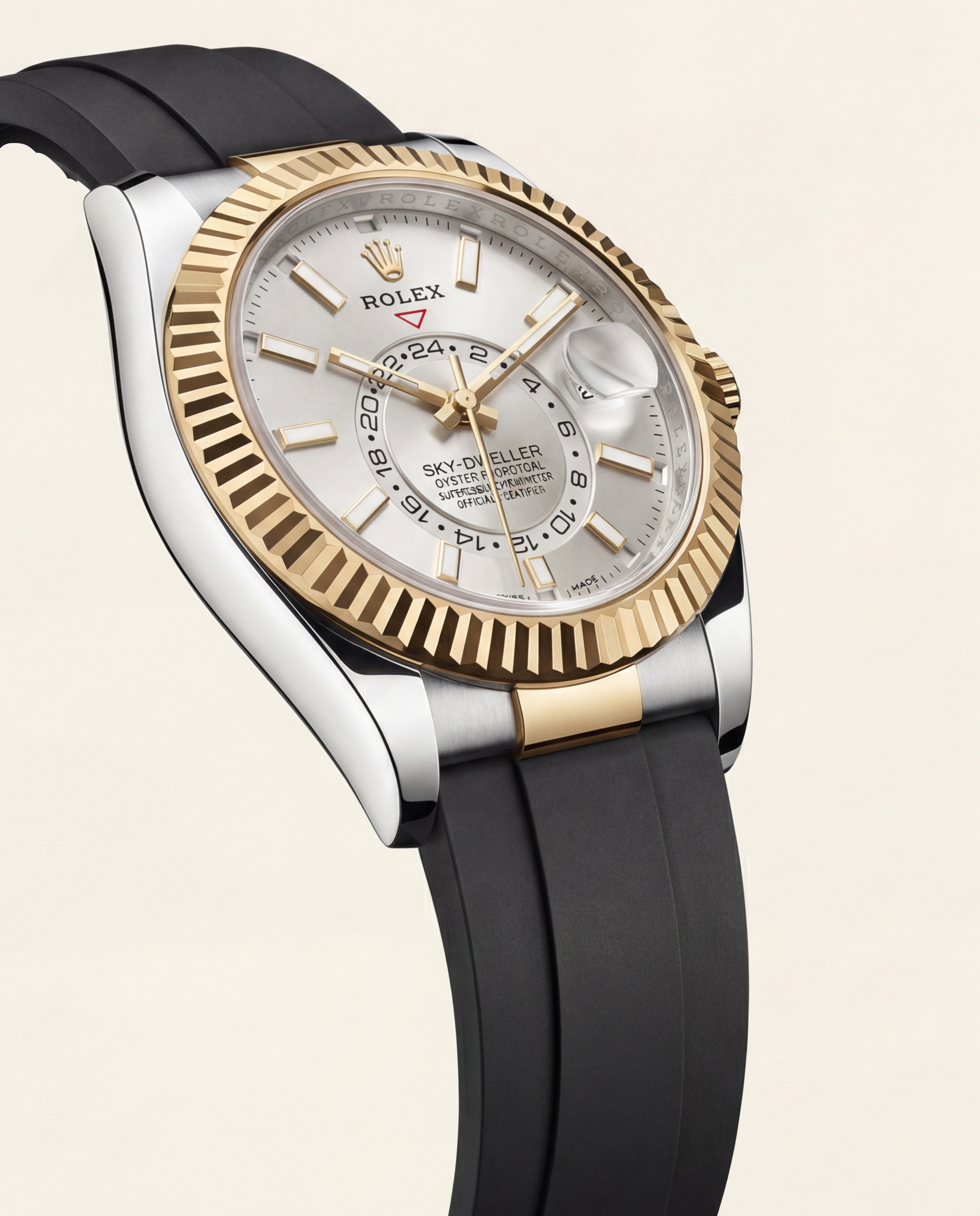 Dual-Tone Gold Fluted Bezel White Dial Luxury Men’s Watch with Rubber Strap