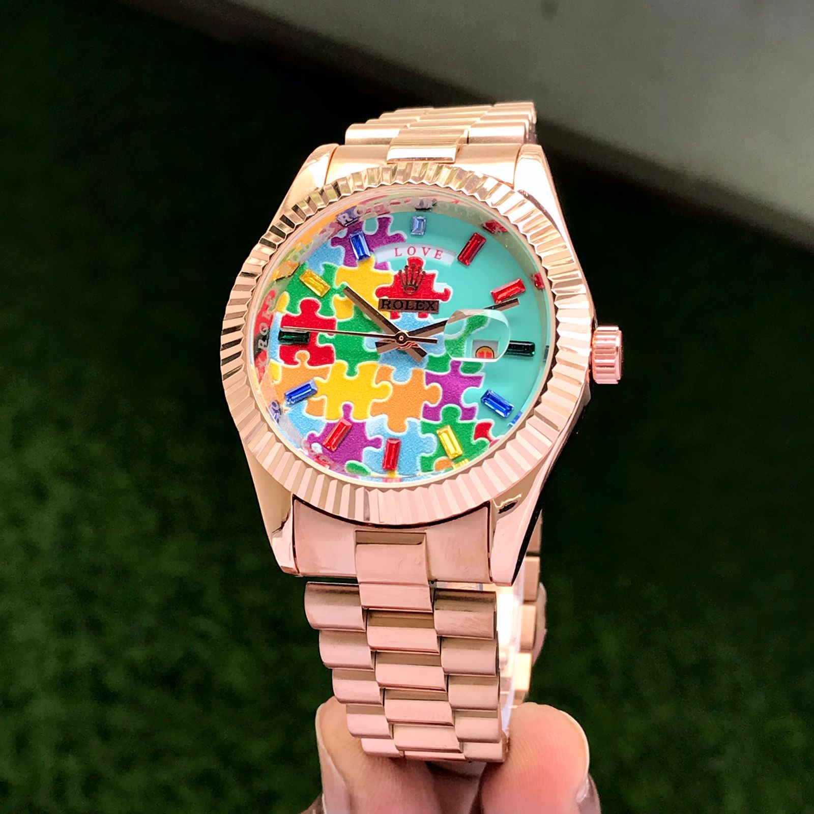 Premium Rose Gold Stainless Steel Watch Sky Blue Multicolor Puzzle Dial Fluted Bezel Statement Luxury Watch – Men